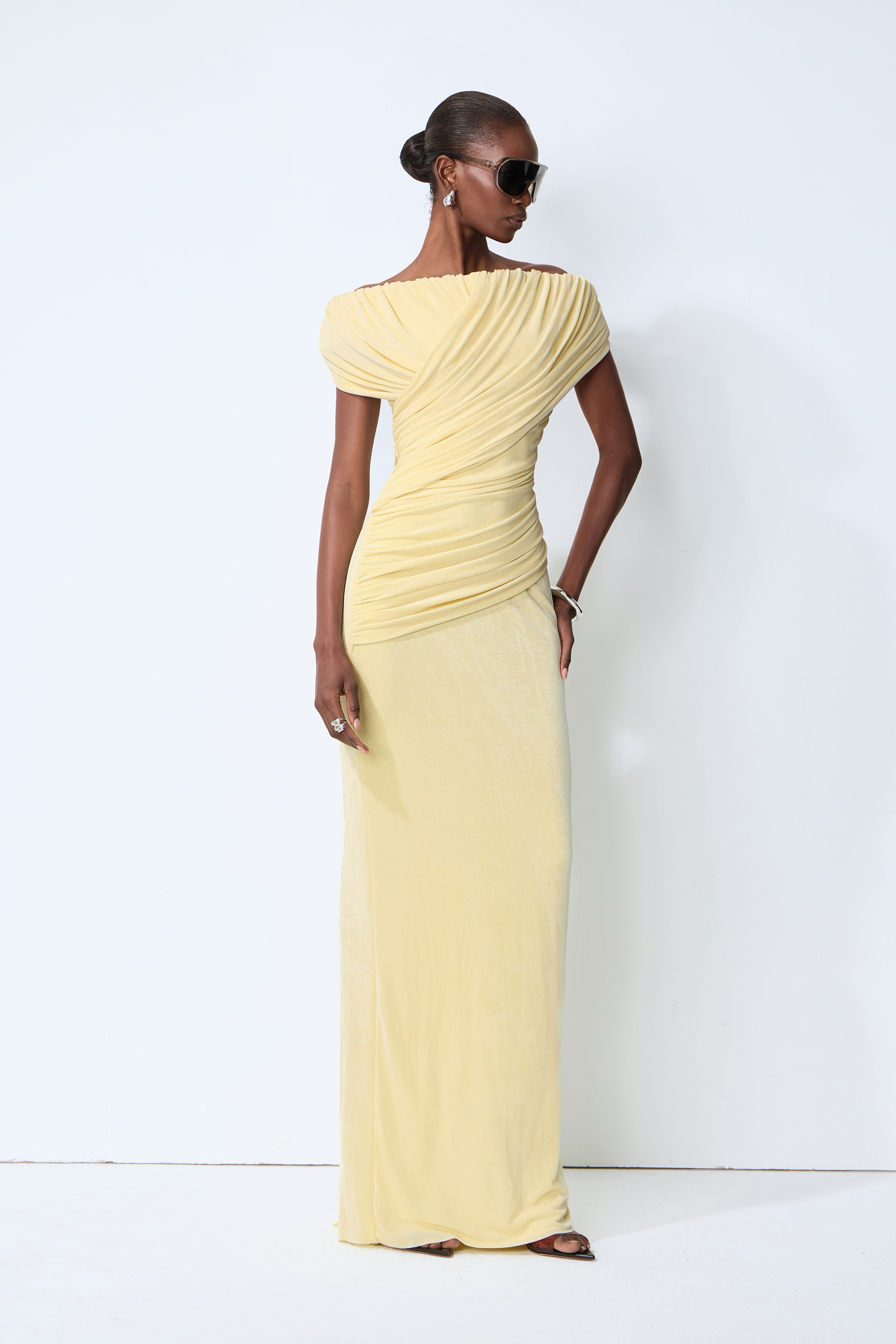 Made to Shine Yellow Off Shoulder Ruched Maxi Dress