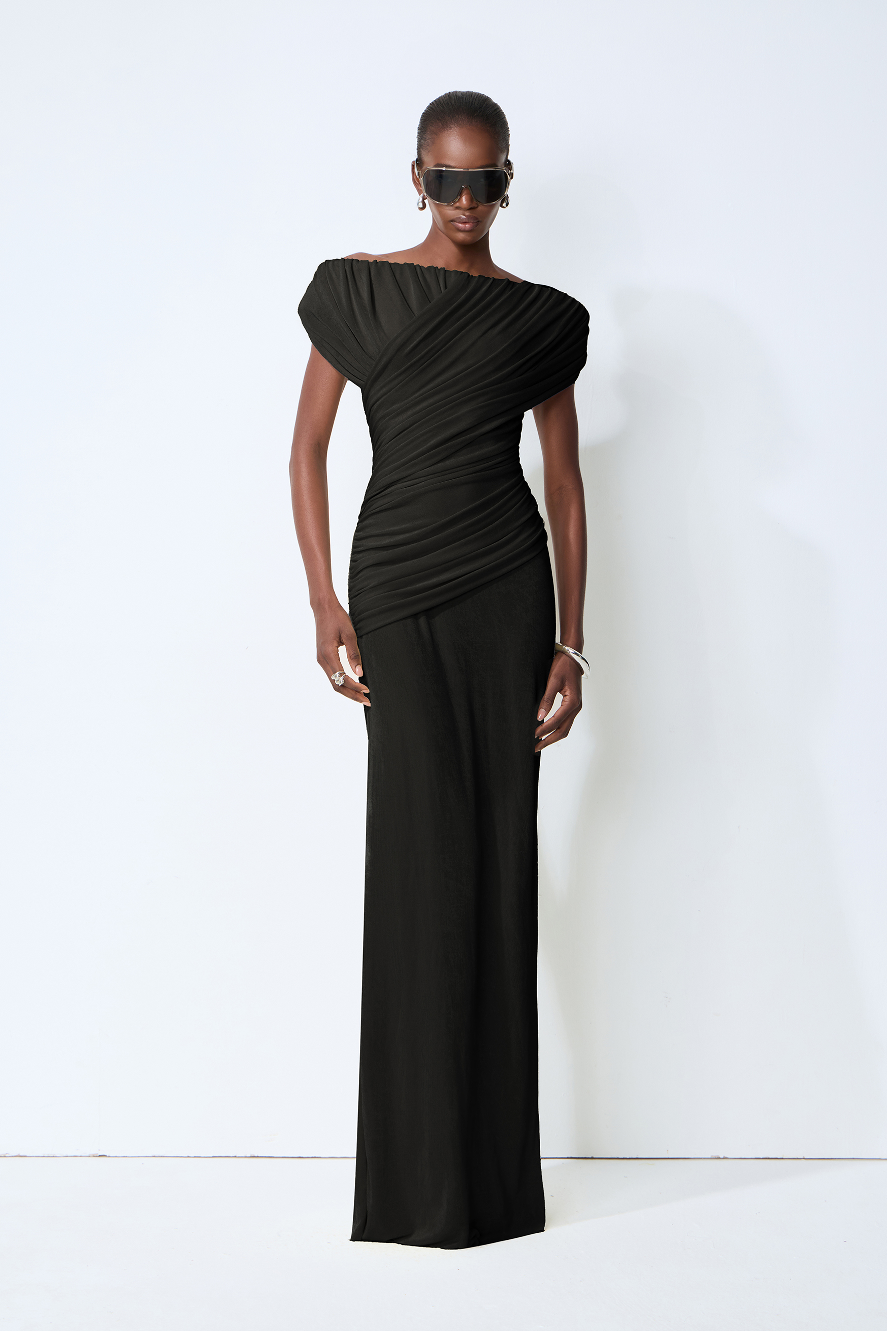 Made to Shine Black Off Shoulder Ruched Maxi Dress