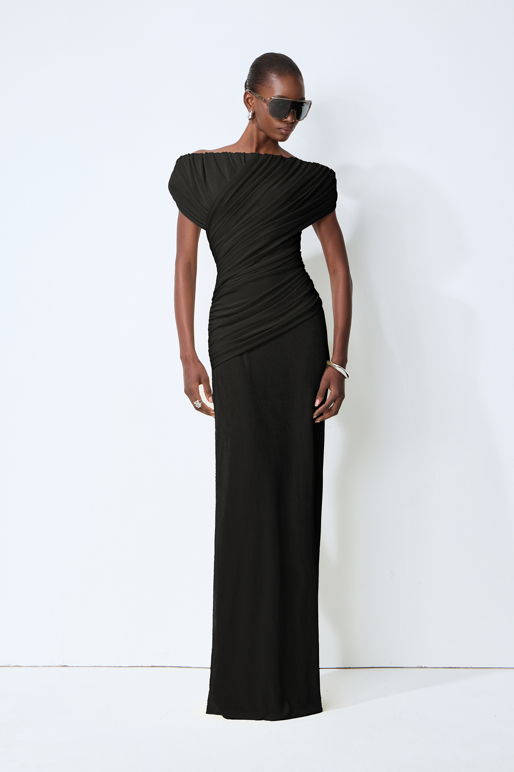 Made to Shine Black Off Shoulder Ruched Maxi Dress