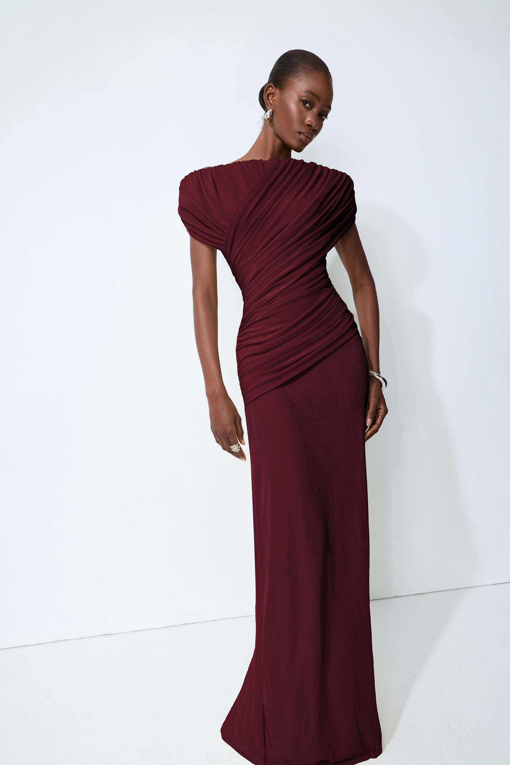Made to Shine Burgundy Off Shoulder Ruched Maxi Dress