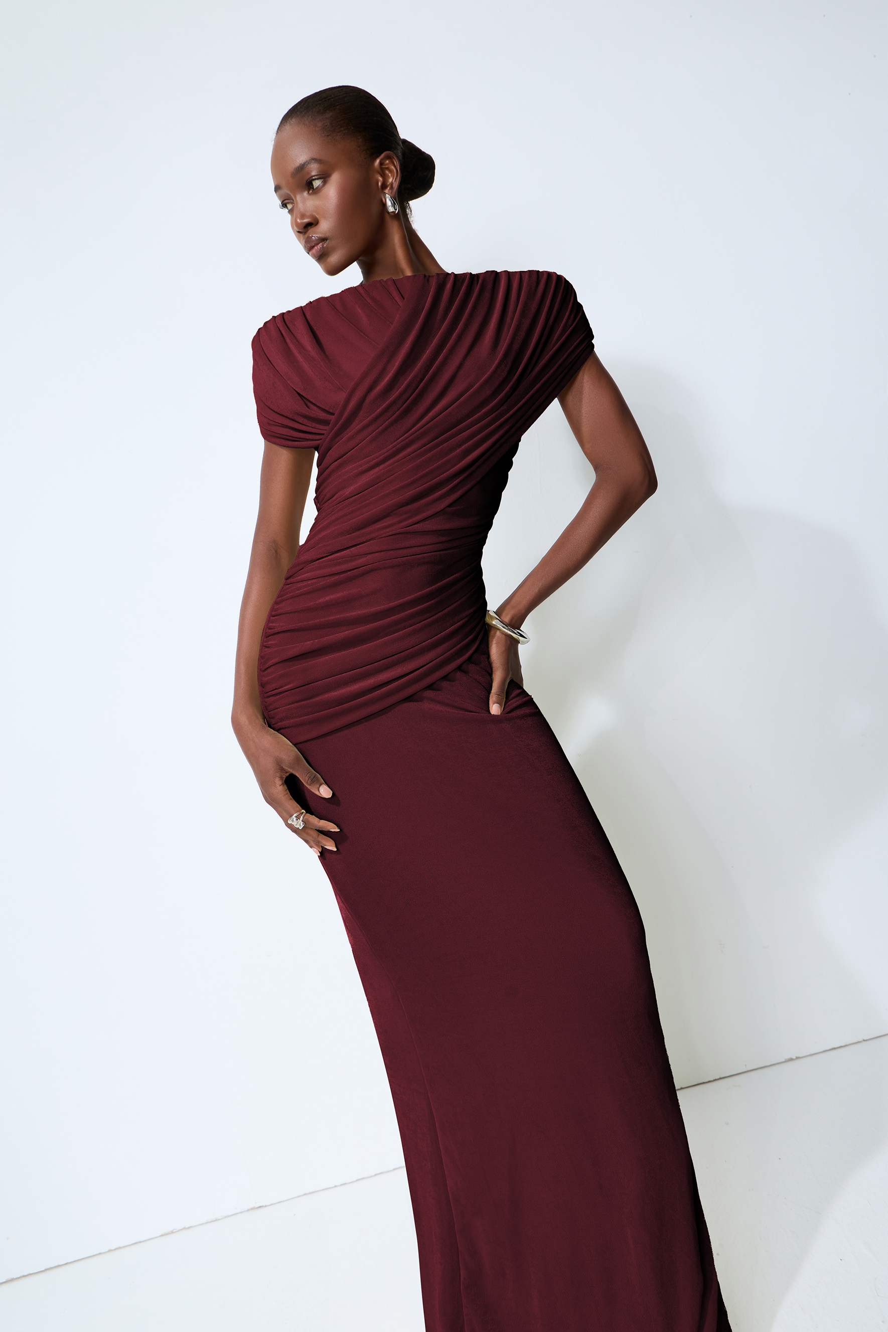 Made to Shine Burgundy Off Shoulder Ruched Maxi Dress