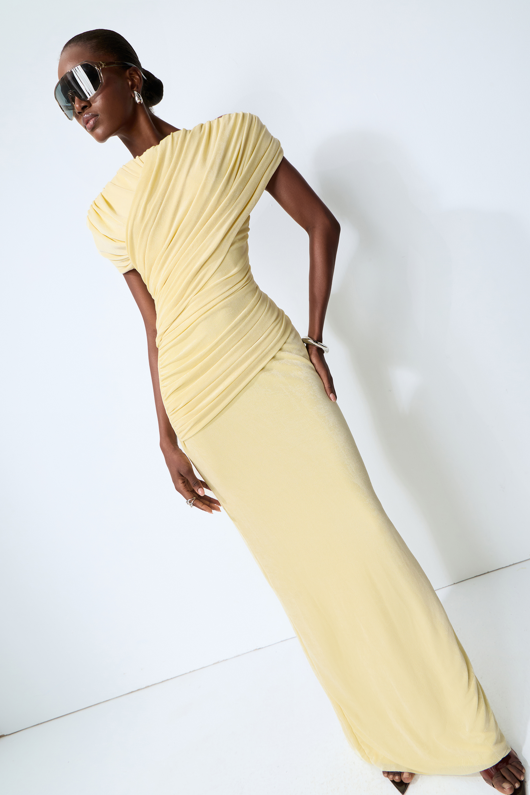 Made to Shine Yellow Off Shoulder Ruched Maxi Dress