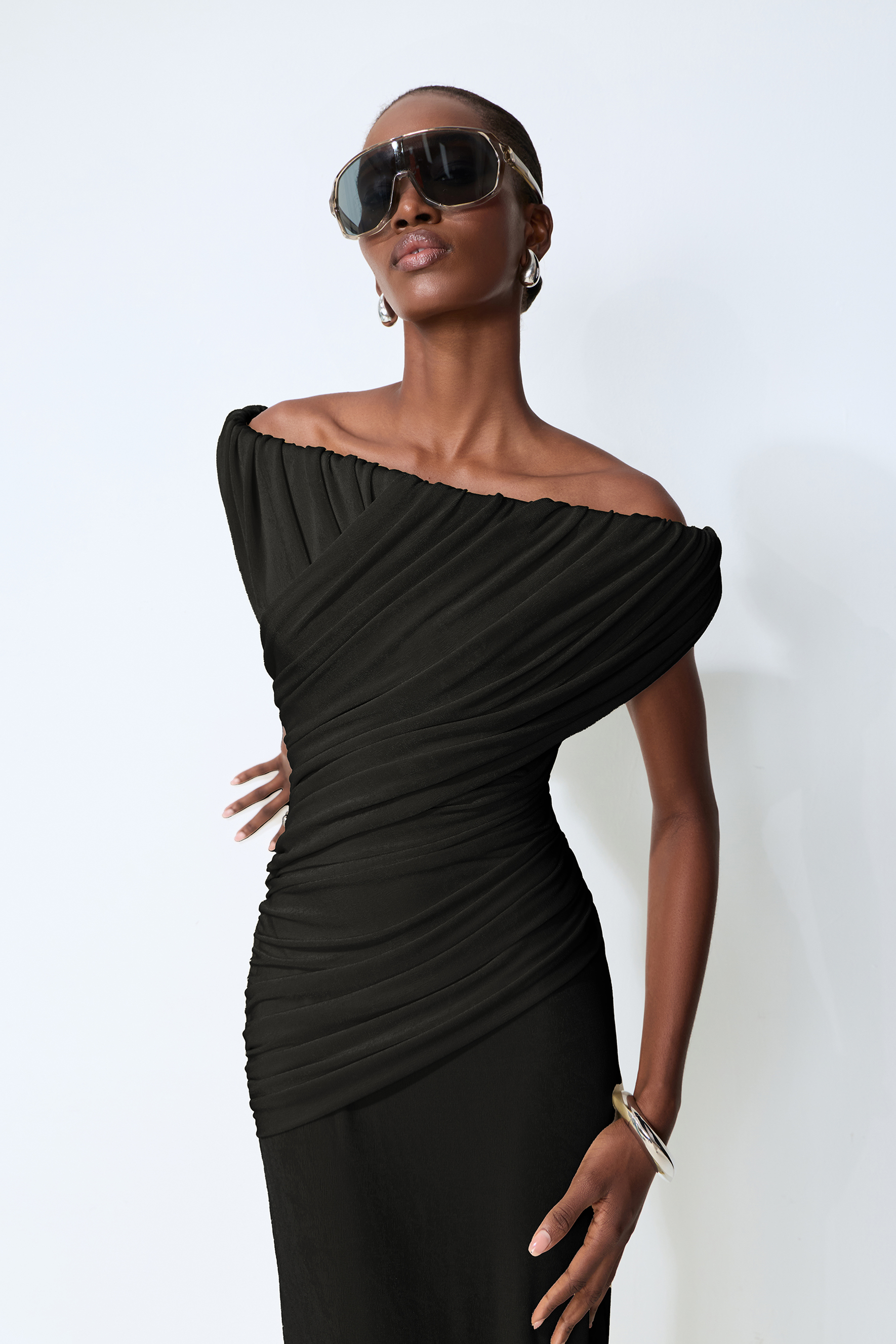 Made to Shine Black Off Shoulder Ruched Maxi Dress