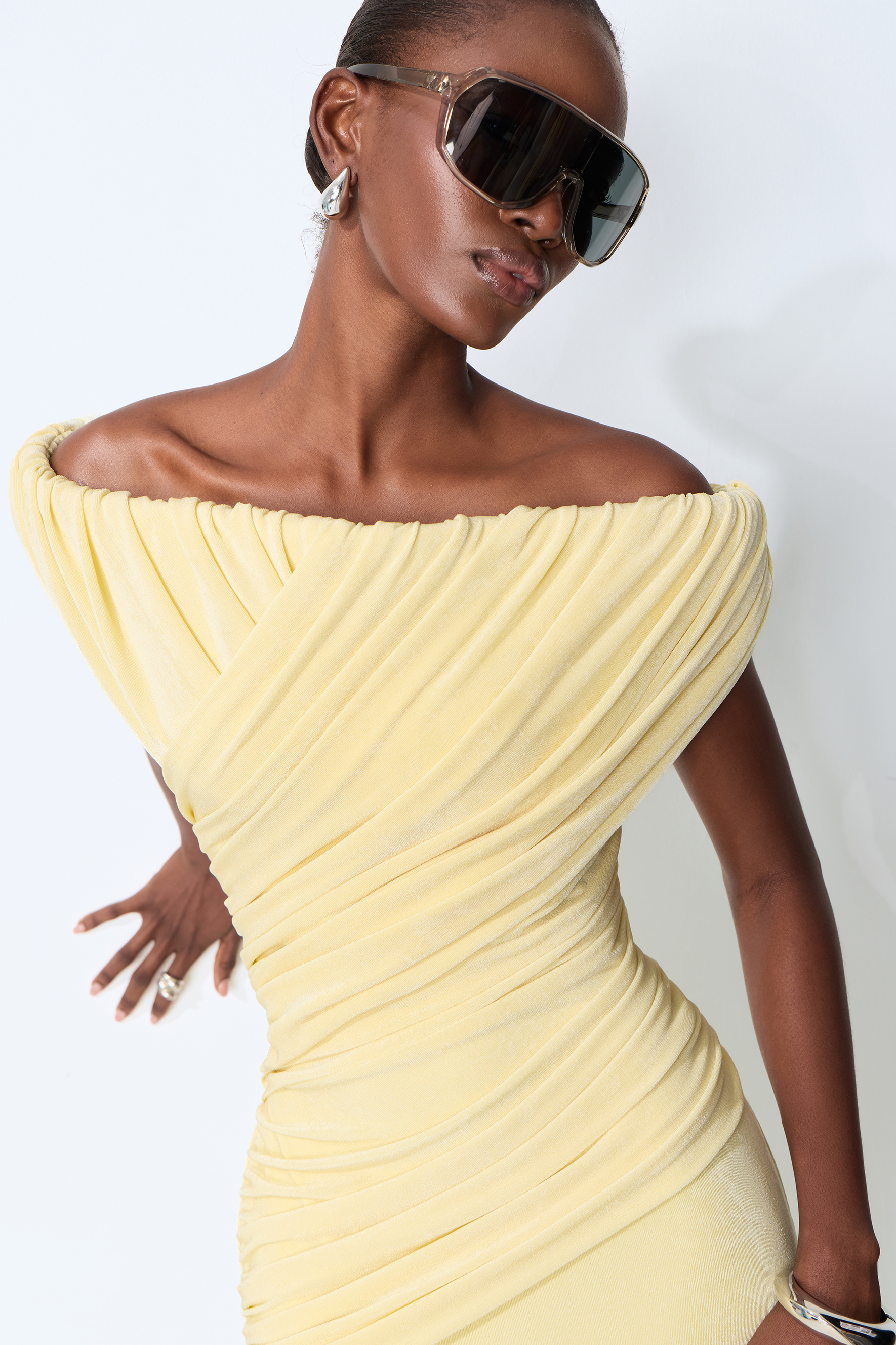 Made to Shine Yellow Off Shoulder Ruched Maxi Dress