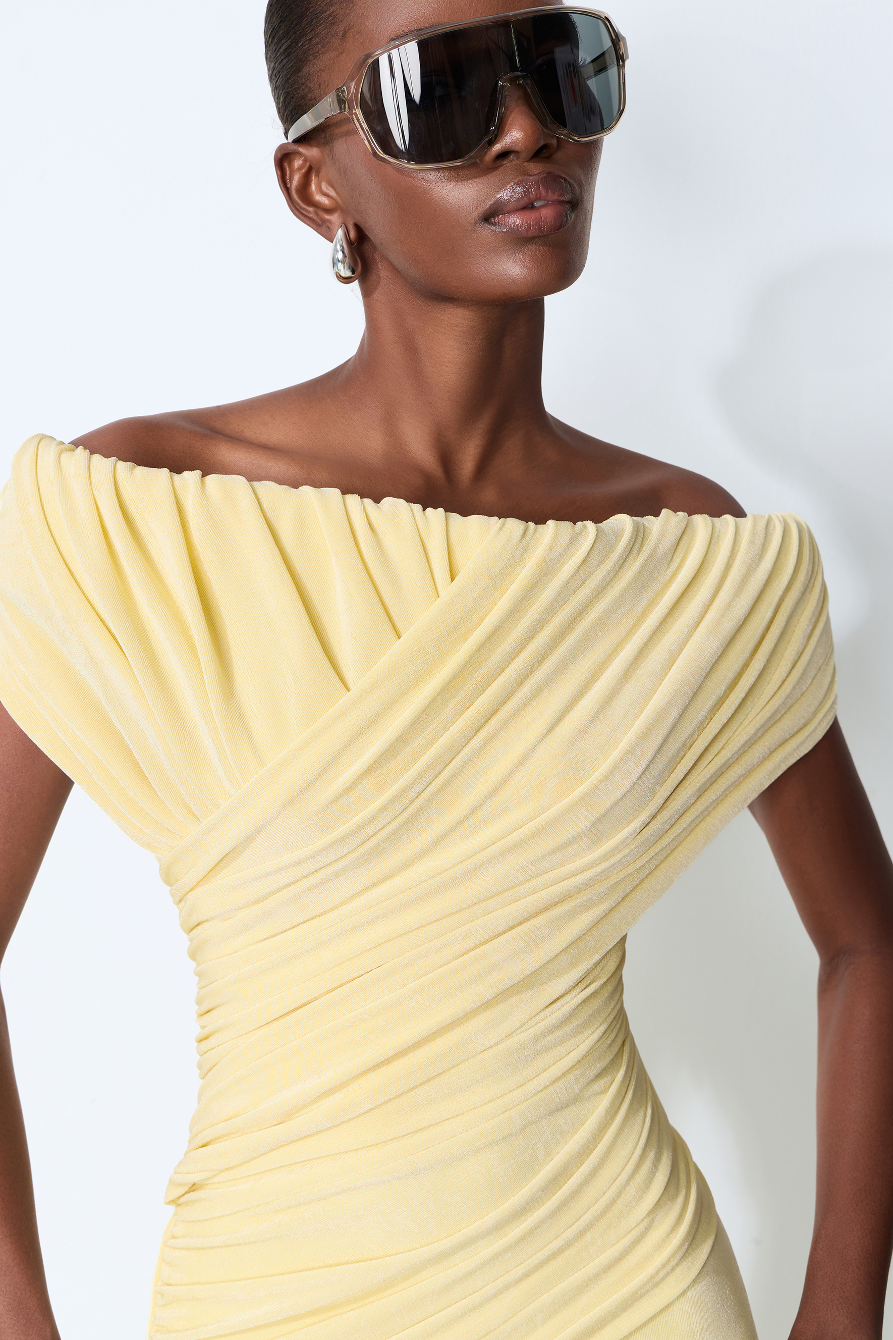 Made to Shine Yellow Off Shoulder Ruched Maxi Dress