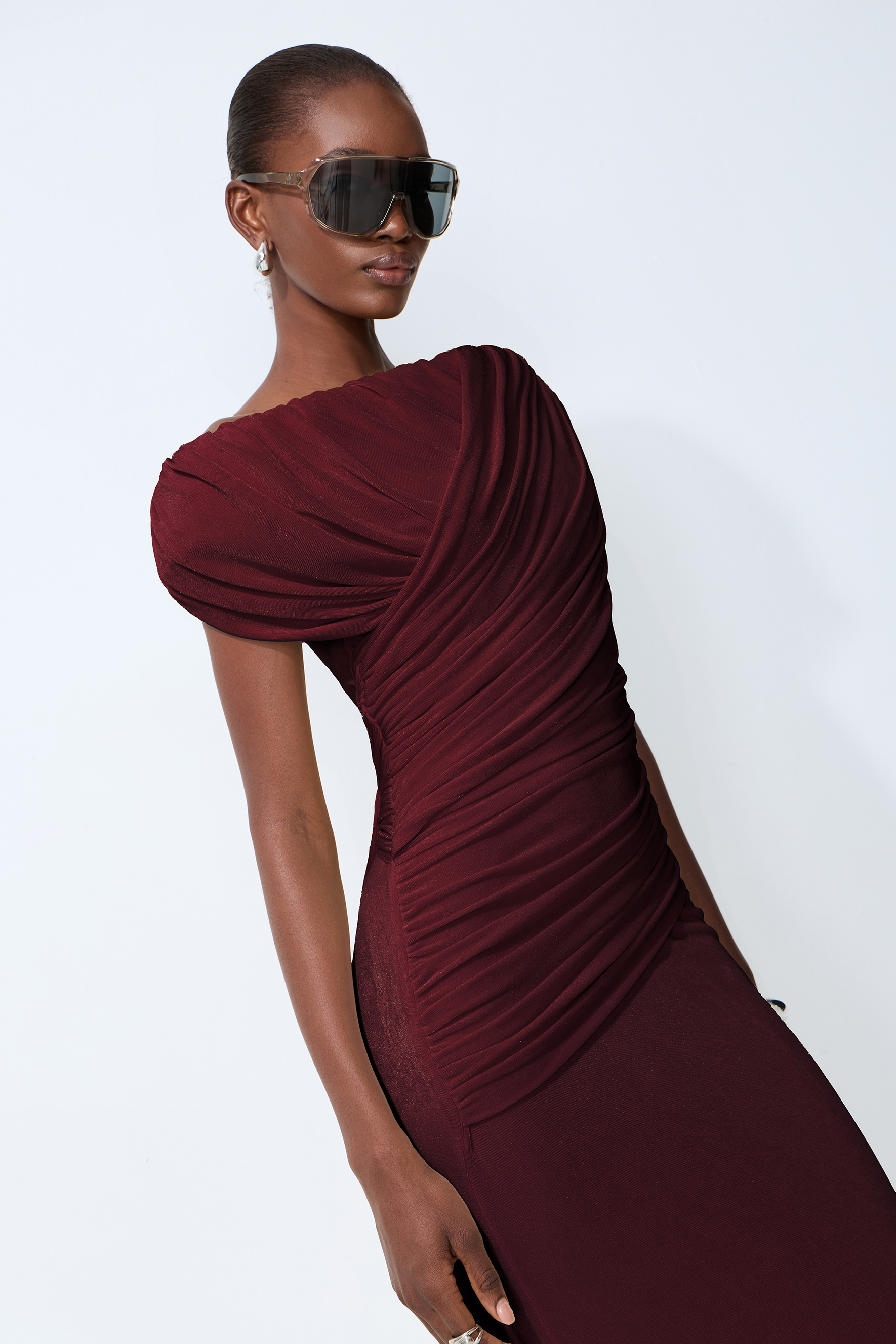 Made to Shine Burgundy Off Shoulder Ruched Maxi Dress