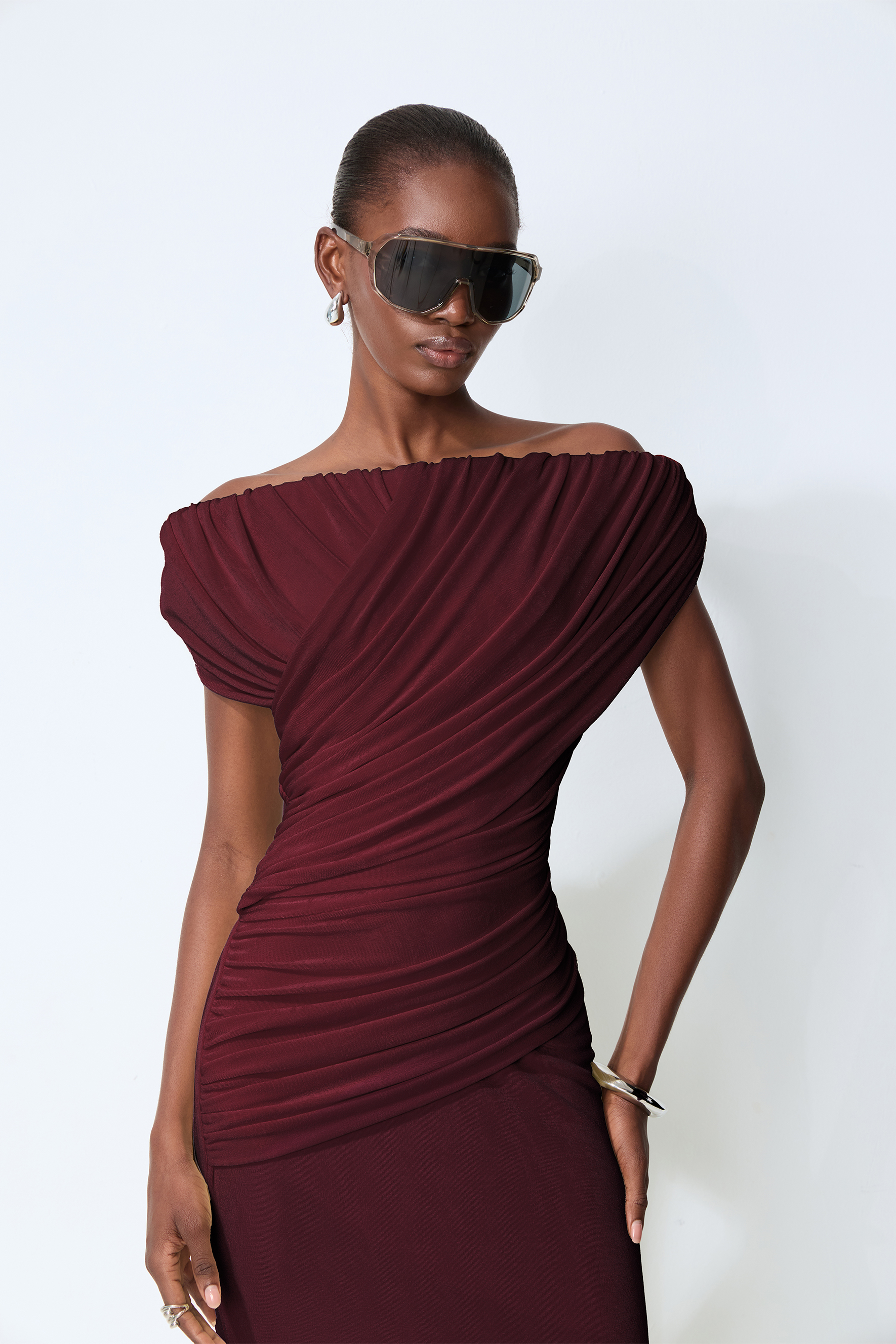 Magic Memory Burgundy Off Shoulder Lace Hem Knit Midi Dress