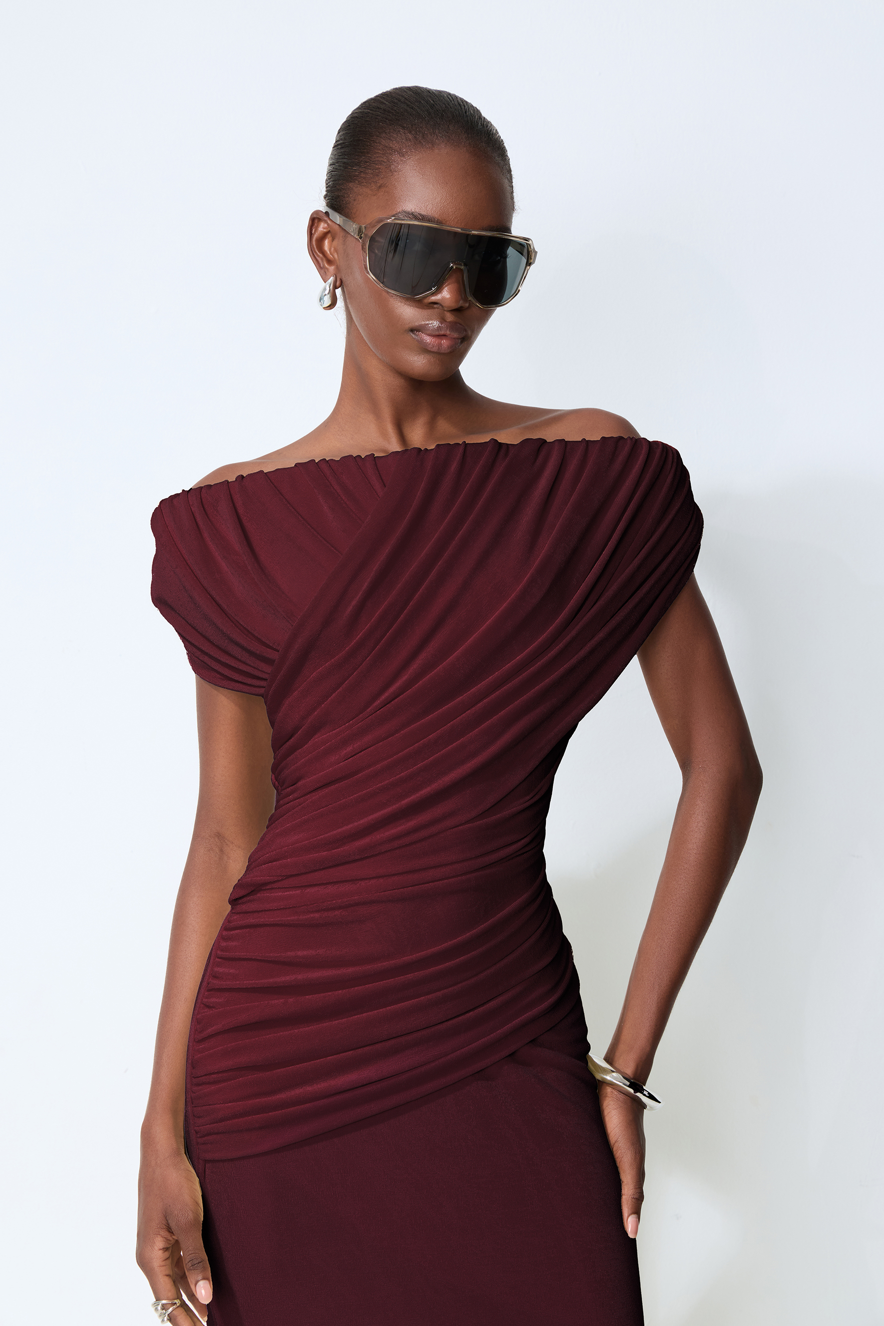Made to Shine Burgundy Off Shoulder Ruched Maxi Dress