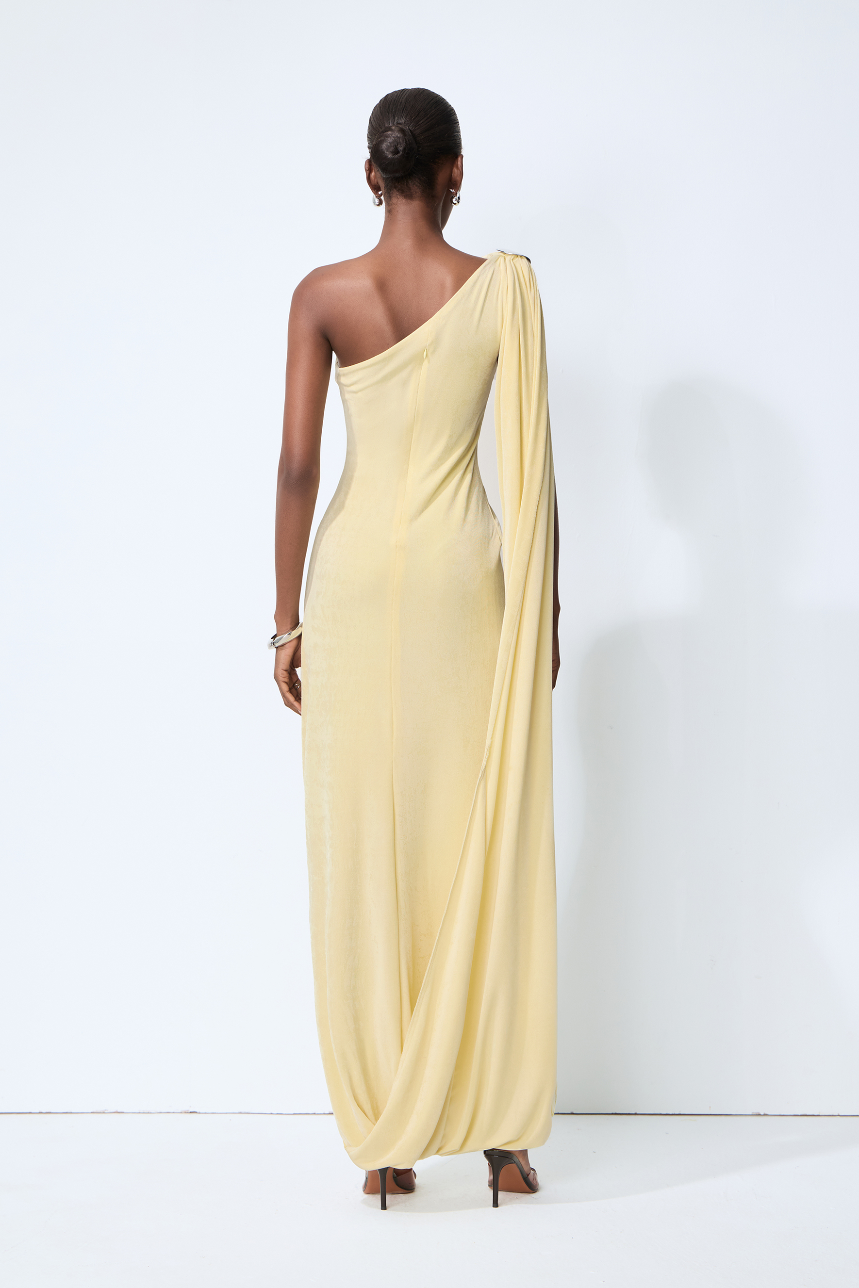 All Eyes Follow Yellow One Shoulder Draped Maxi Dress