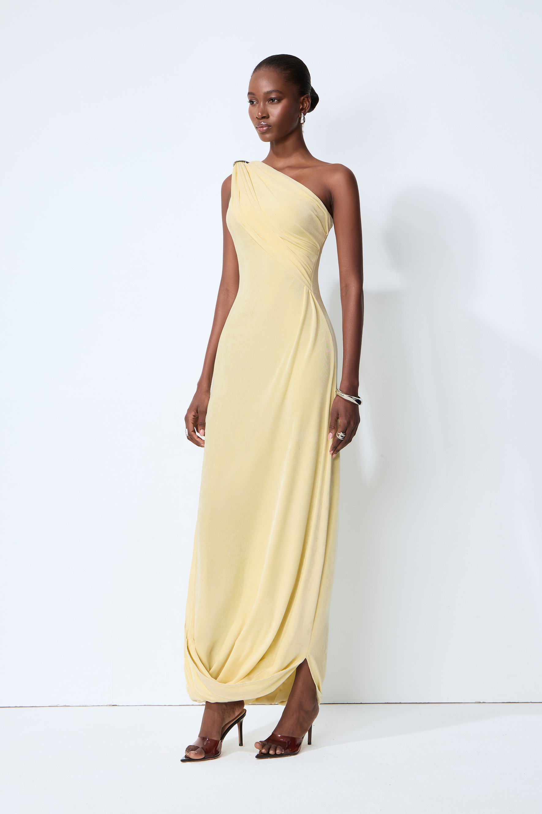 All Eyes Follow Yellow One Shoulder Draped Maxi Dress