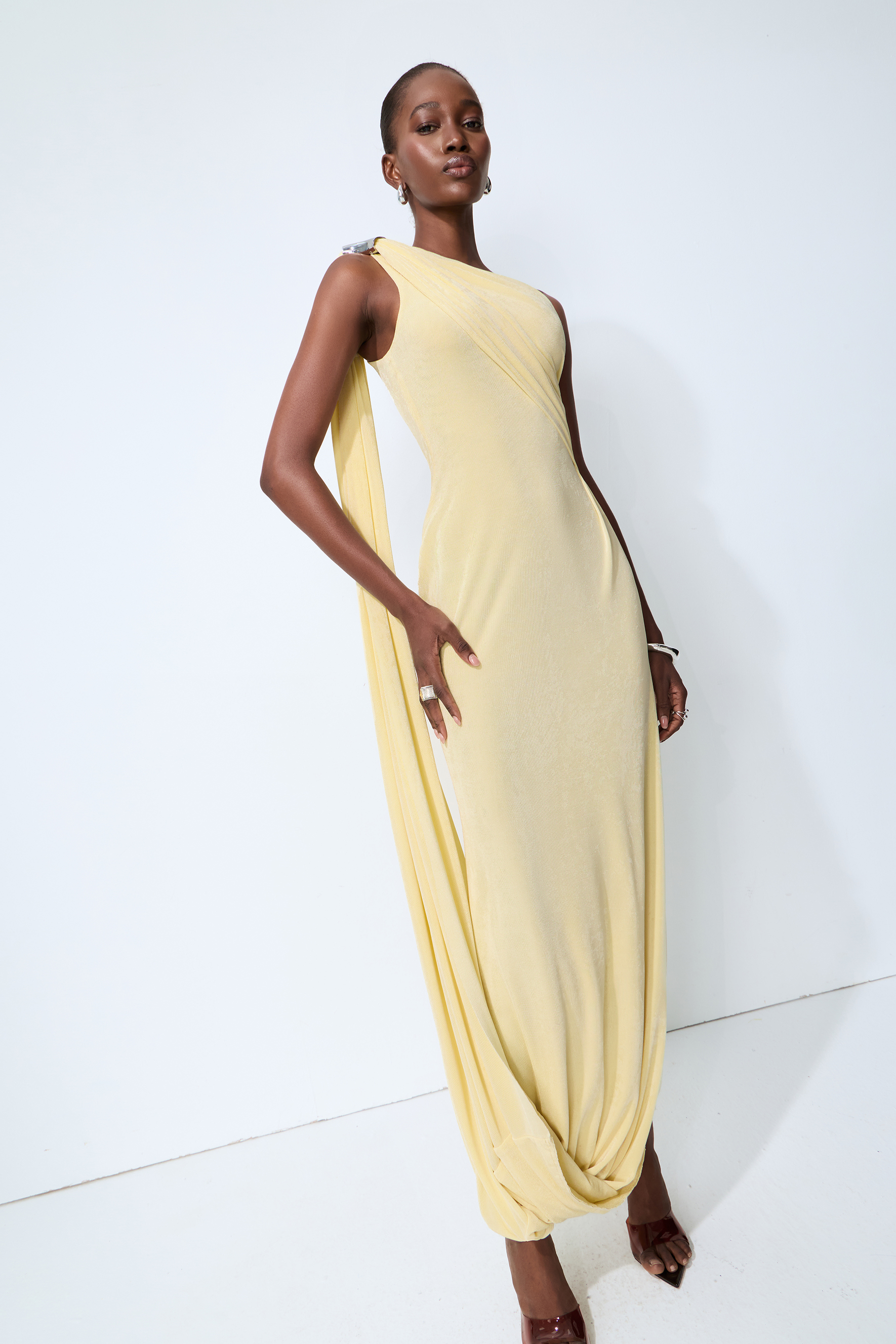 All Eyes Follow Yellow One Shoulder Draped Maxi Dress