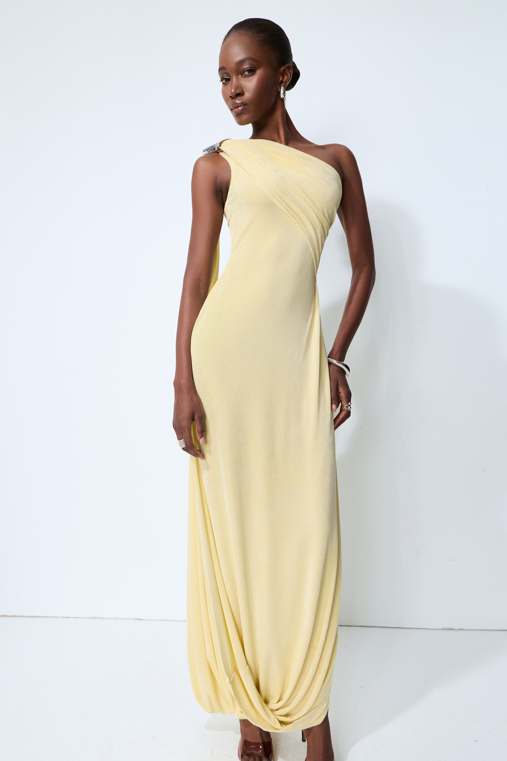 All Eyes Follow Yellow One Shoulder Draped Maxi Dress