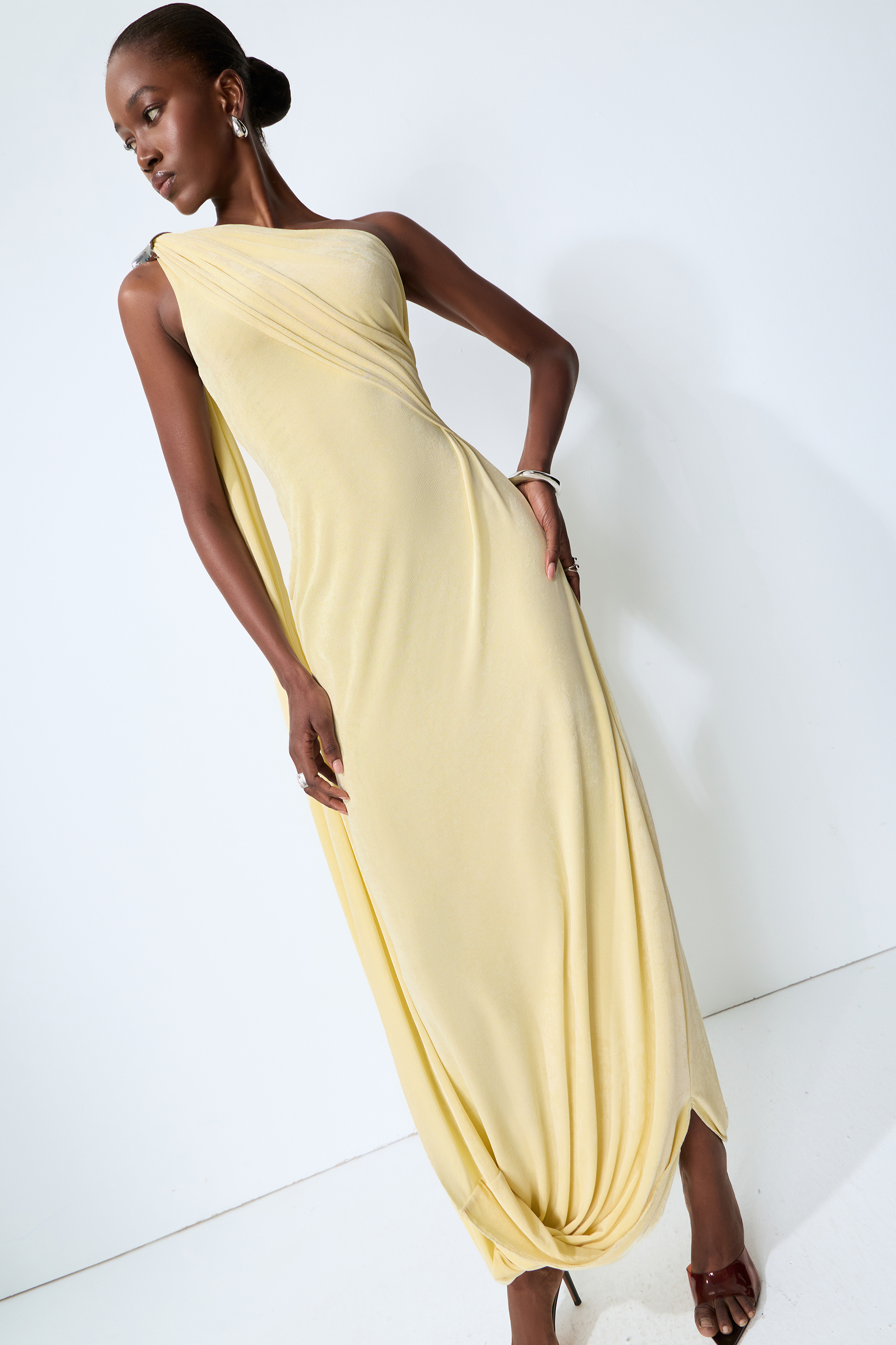 All Eyes Follow Yellow One Shoulder Draped Maxi Dress