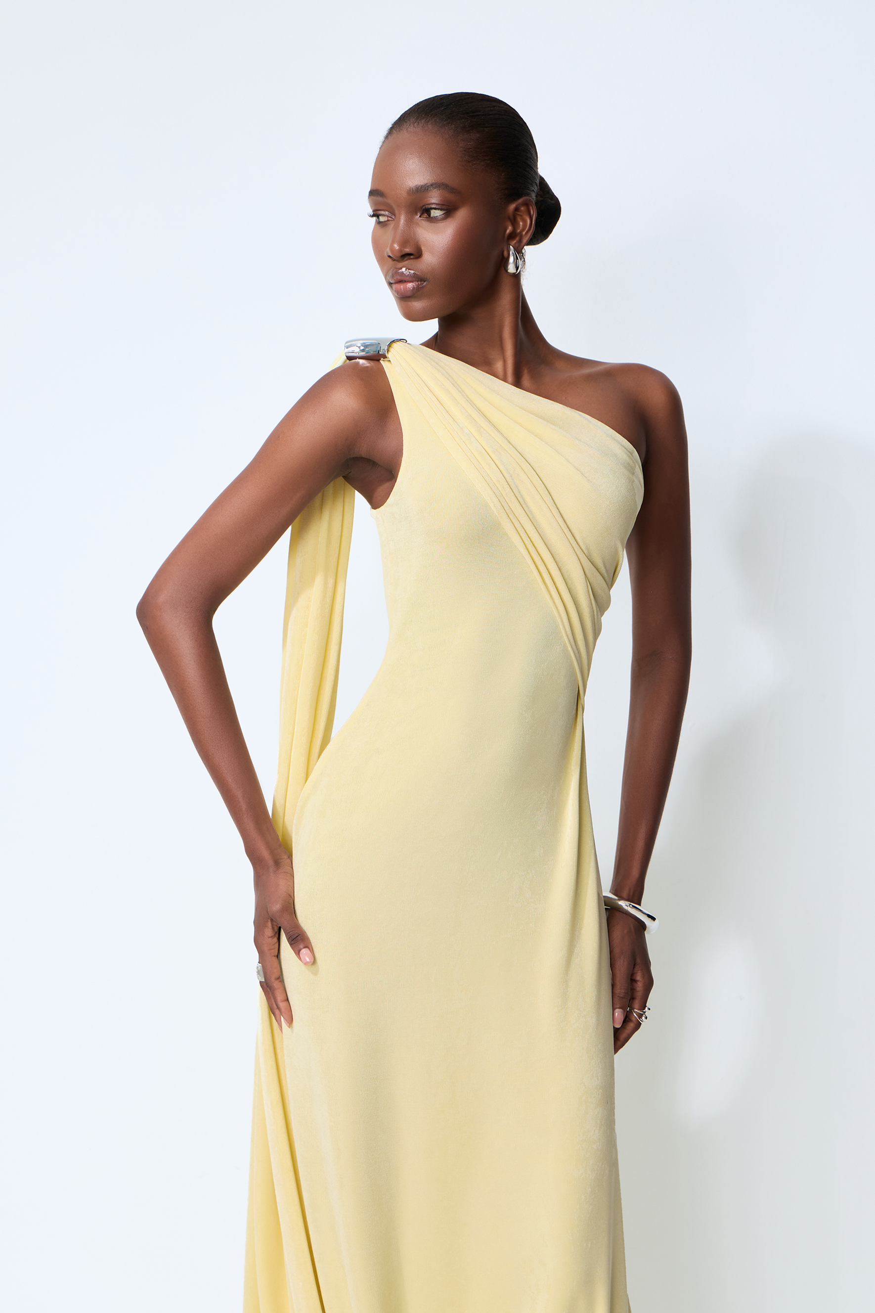 All Eyes Follow Yellow One Shoulder Draped Maxi Dress