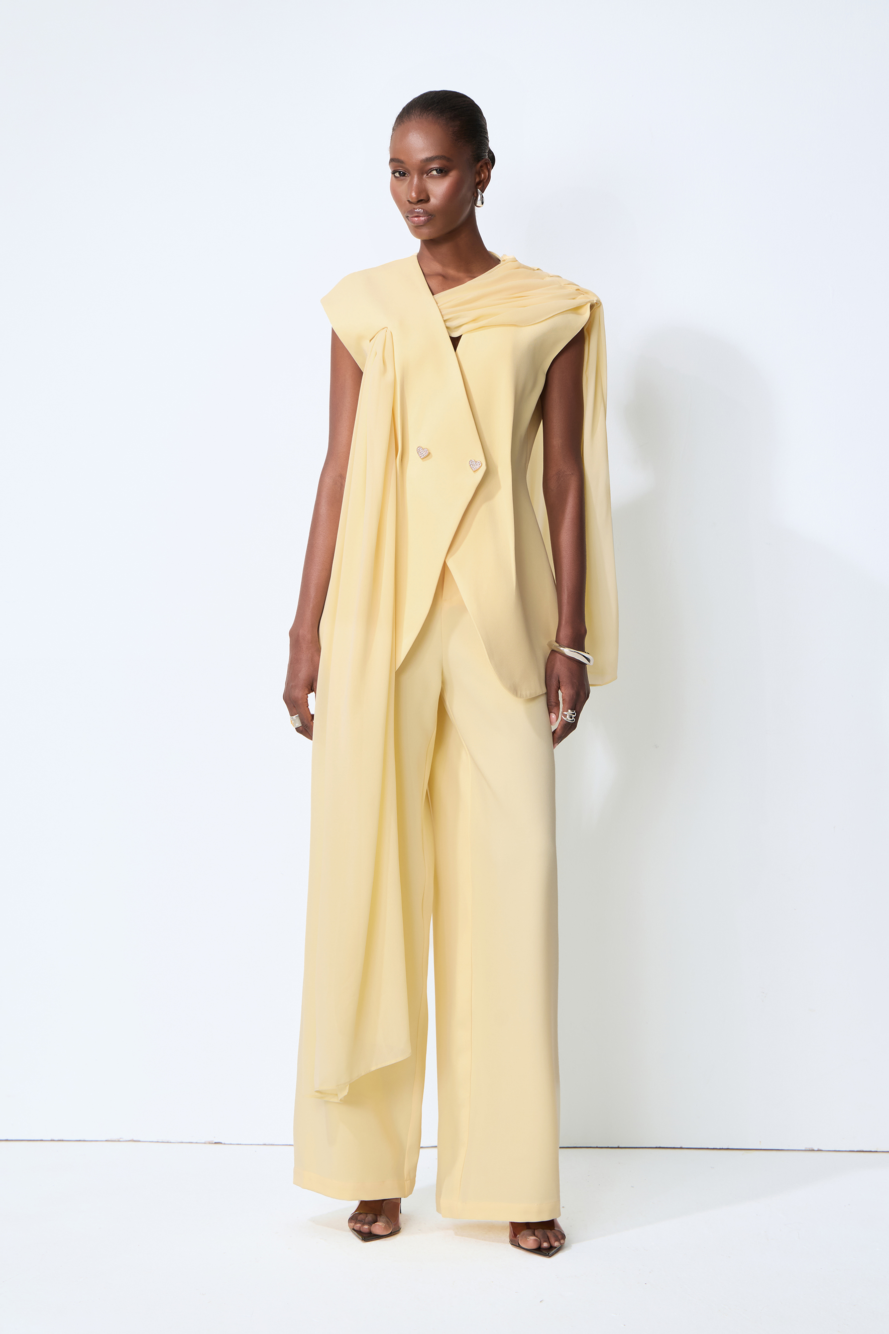 Iconic Glow Yellow Asymmetrical Draped Top & Wide Leg Pants Set