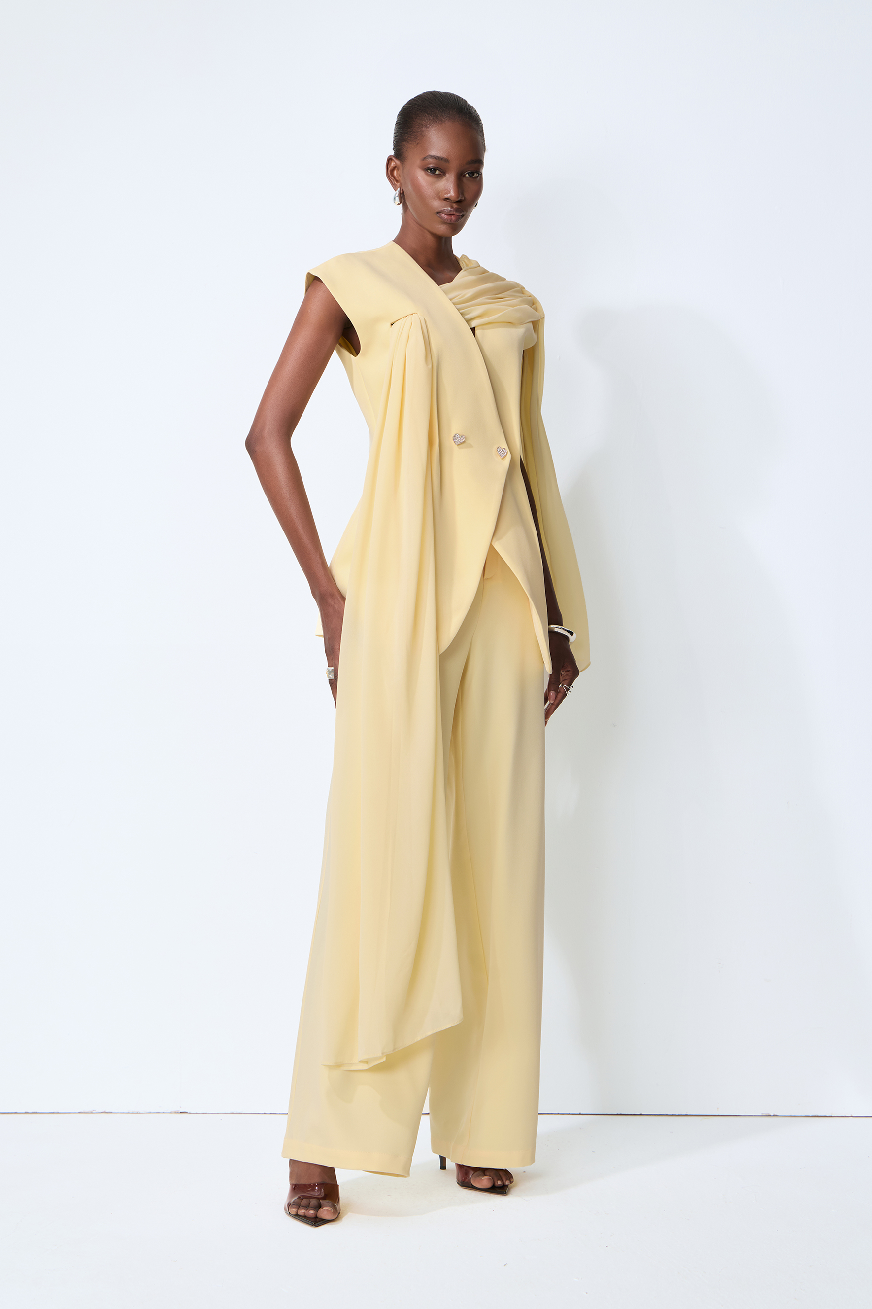 Iconic Glow Yellow Asymmetrical Draped Top & Wide Leg Pants Set