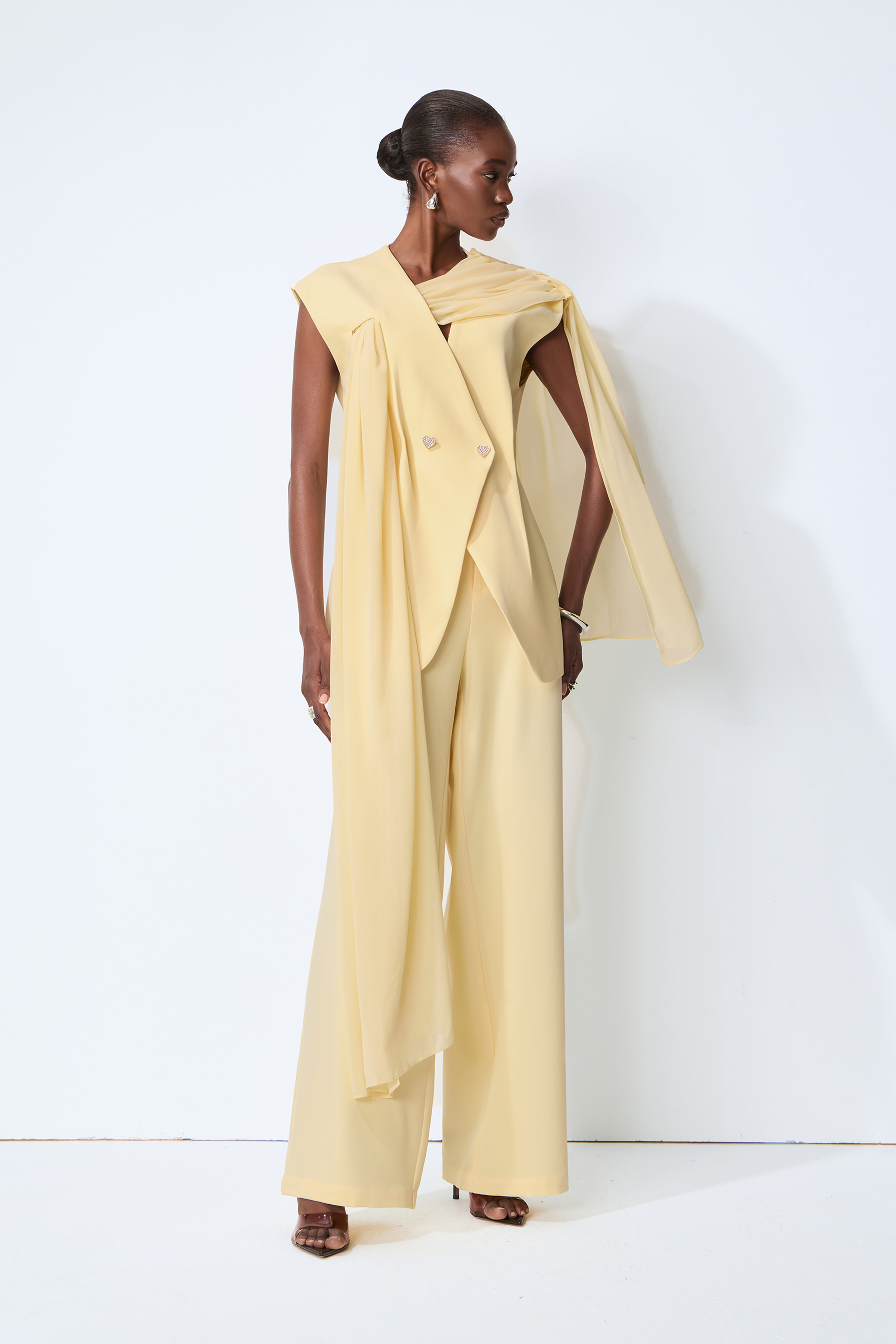 Iconic Glow Yellow Asymmetrical Draped Top & Wide Leg Pants Set