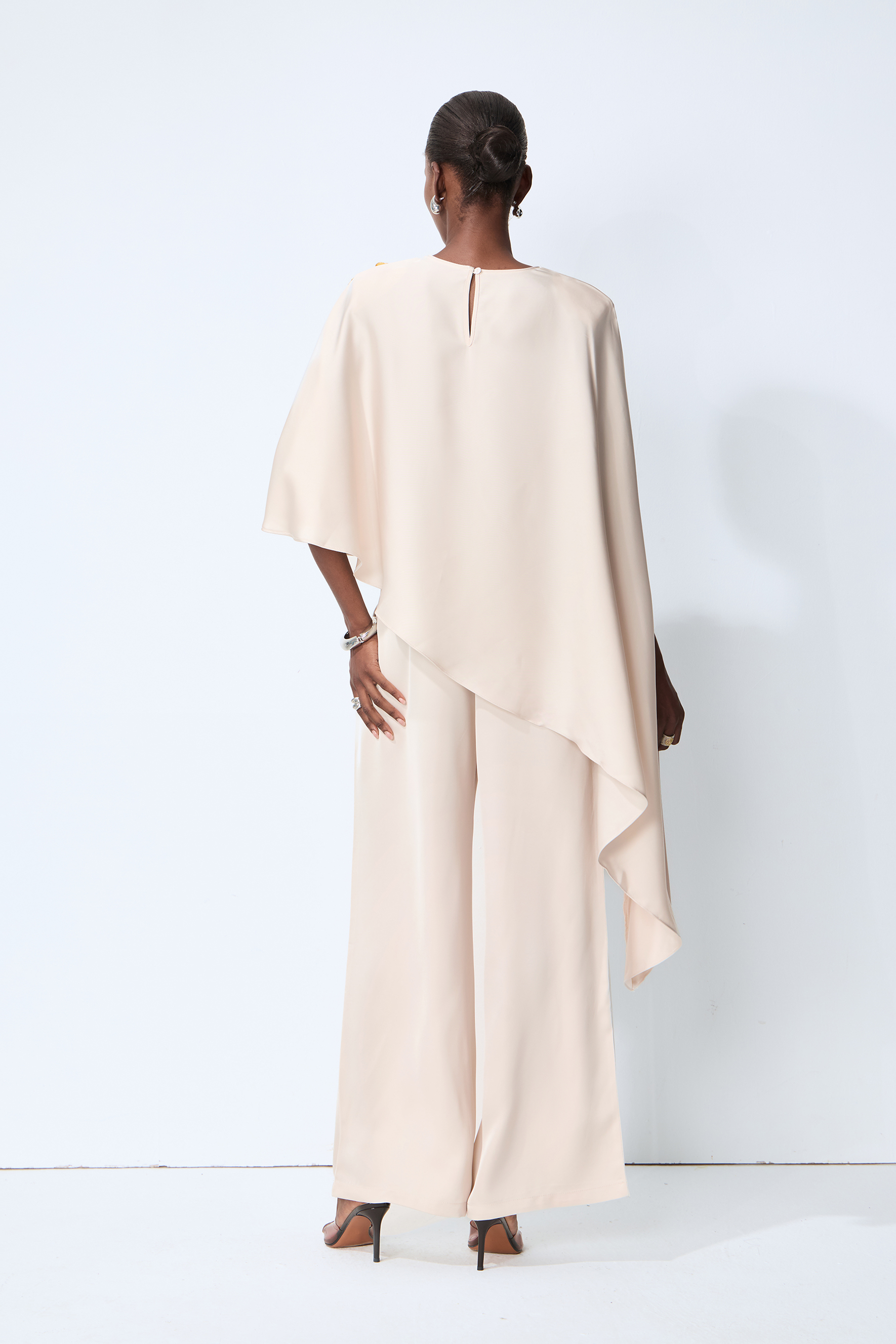Just My Style Beige Asymmetrical Cape Blouse & Wide Leg Pants Set