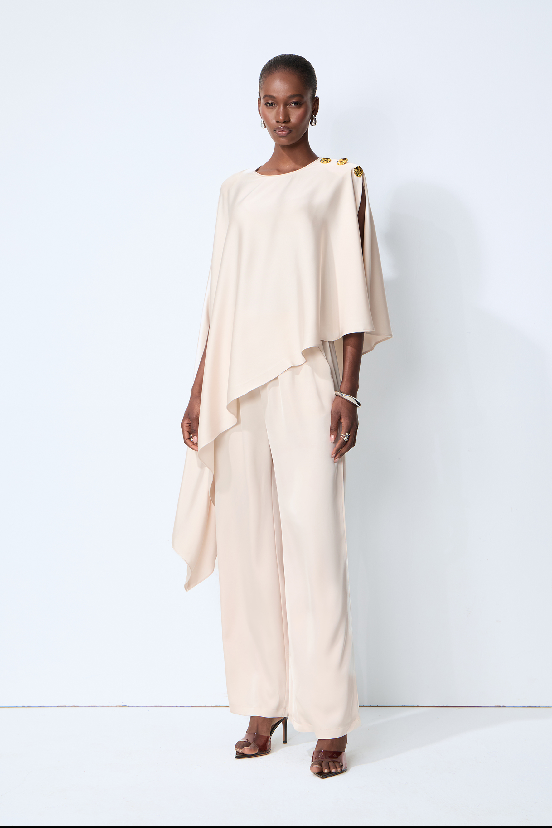 Just My Style Beige Asymmetrical Cape Blouse & Wide Leg Pants Set
