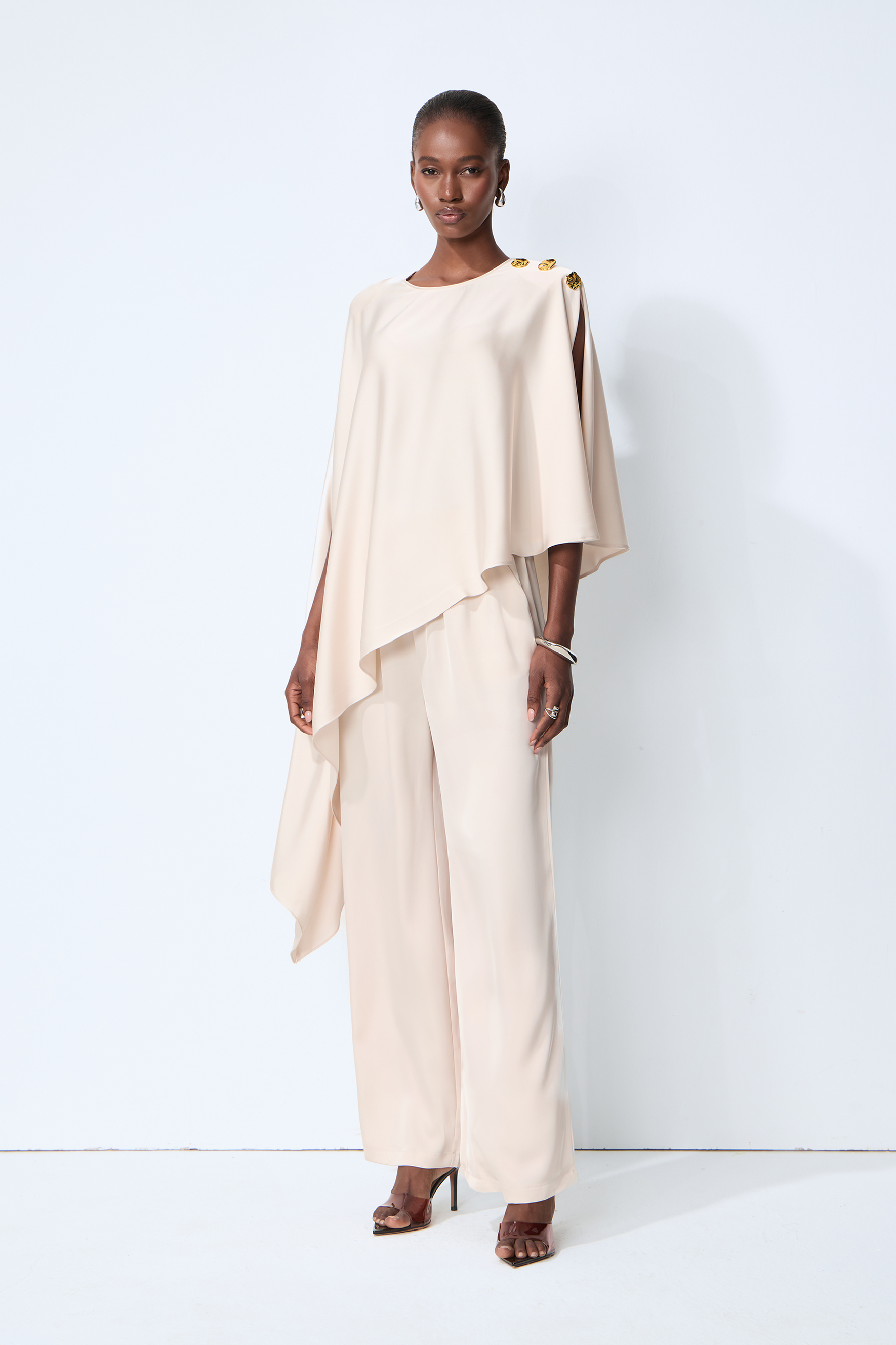 Just My Style Beige Asymmetrical Cape Blouse & Wide Leg Pants Set