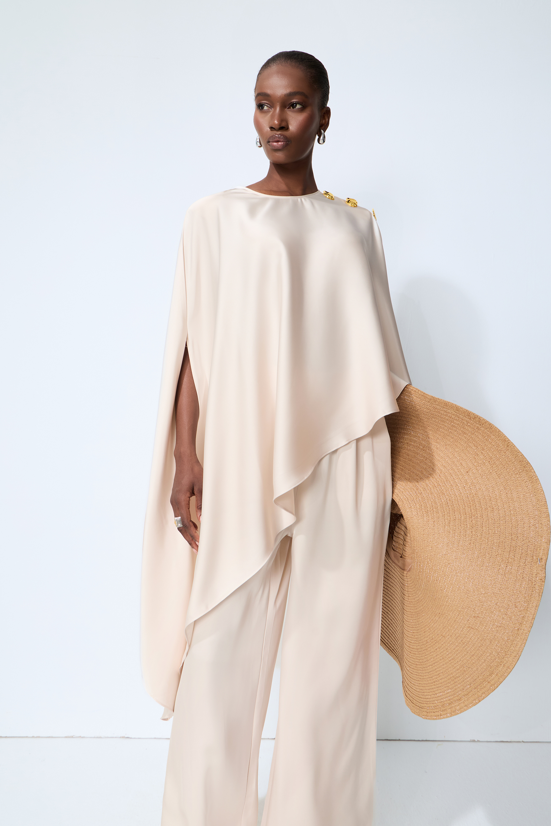 Just My Style Beige Asymmetrical Cape Blouse & Wide Leg Pants Set