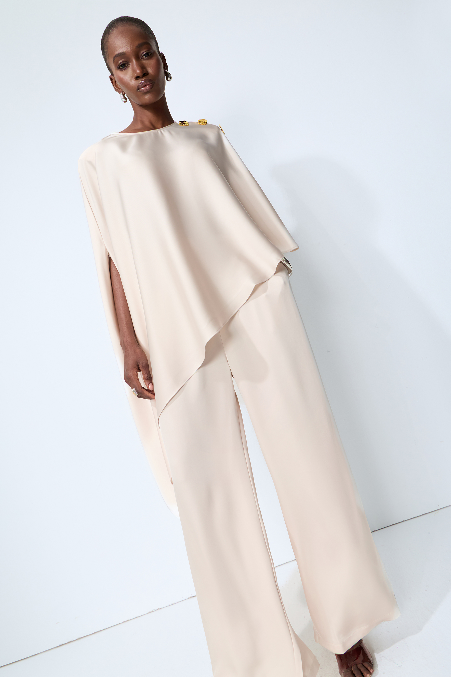 Just My Style Beige Asymmetrical Cape Blouse & Wide Leg Pants Set