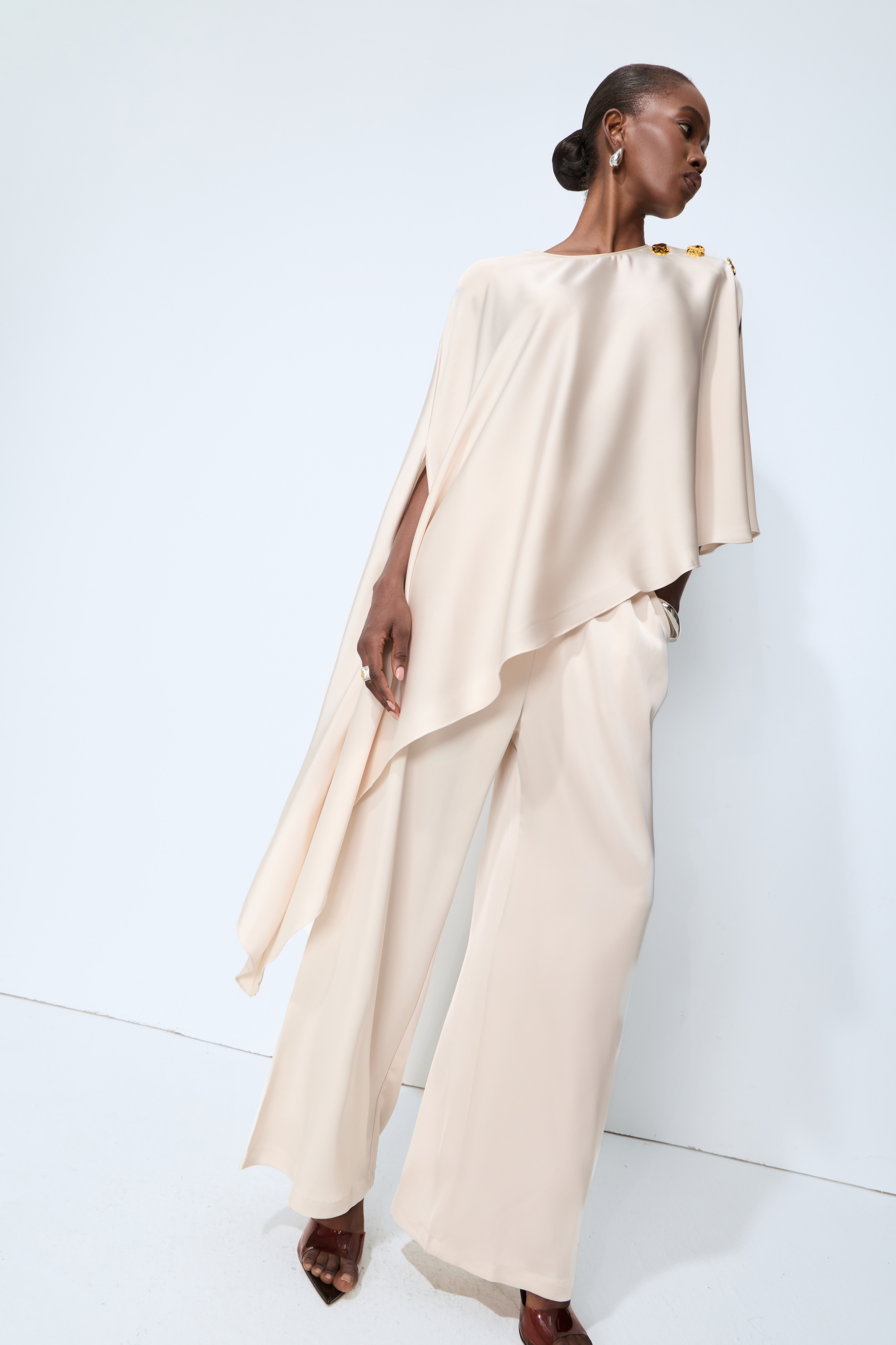 Just My Style Beige Asymmetrical Cape Blouse & Wide Leg Pants Set