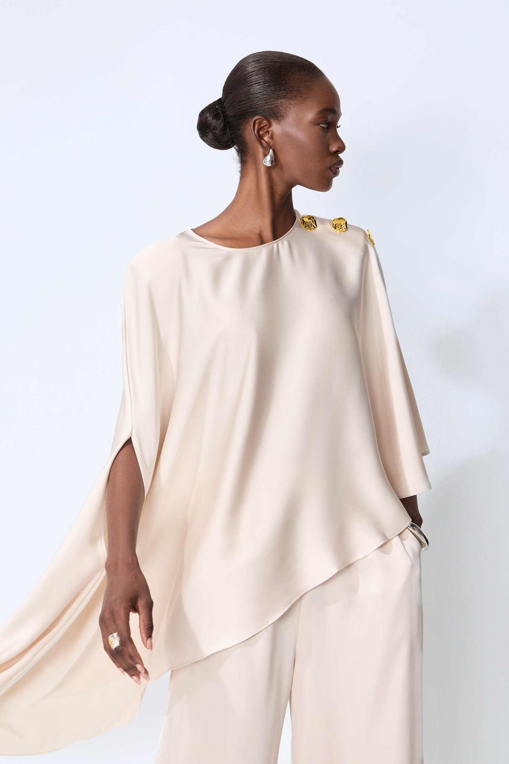 Just My Style Beige Asymmetrical Cape Blouse & Wide Leg Pants Set
