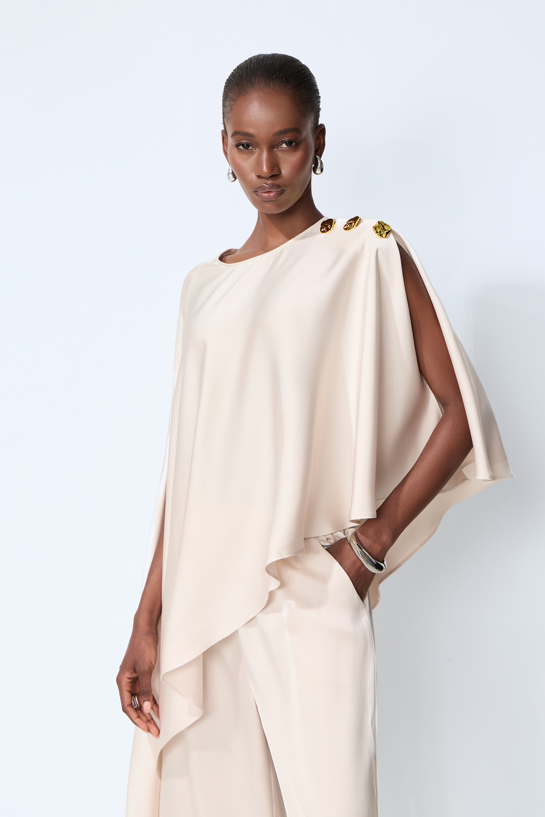 Just My Style Beige Asymmetrical Cape Blouse & Wide Leg Pants Set