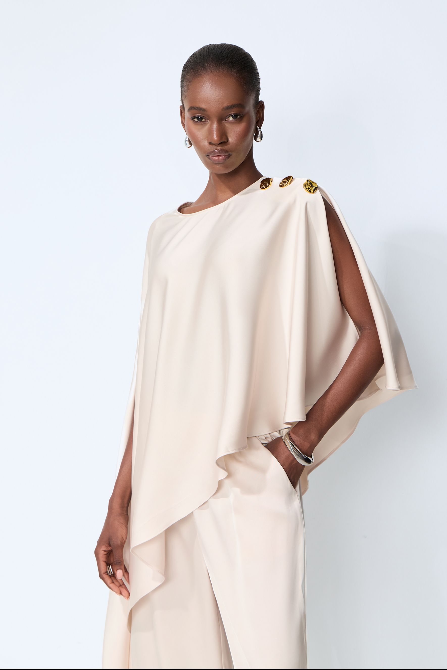 Just My Style Beige Asymmetrical Cape Blouse & Wide Leg Pants Set