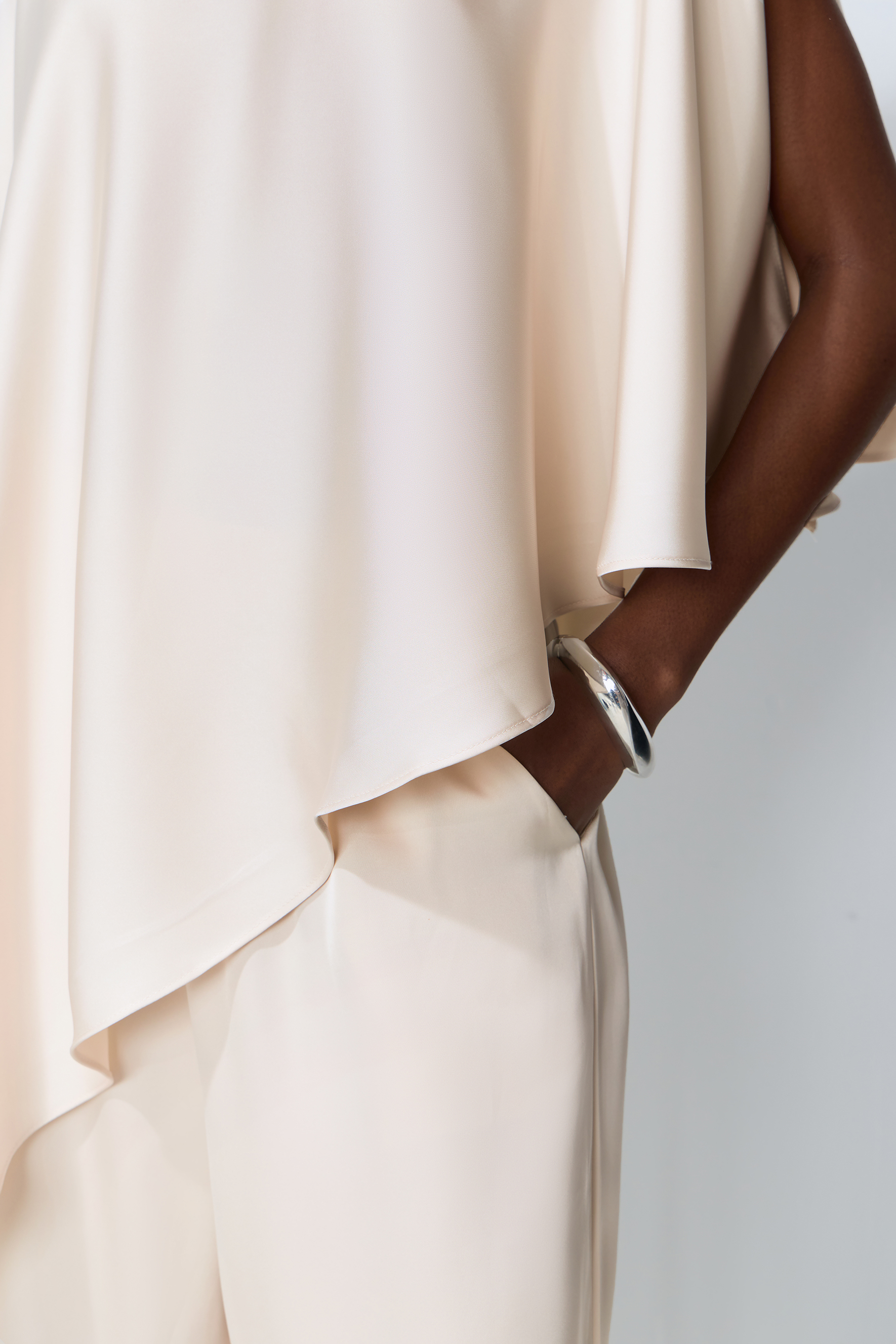 Just My Style Beige Asymmetrical Cape Blouse & Wide Leg Pants Set