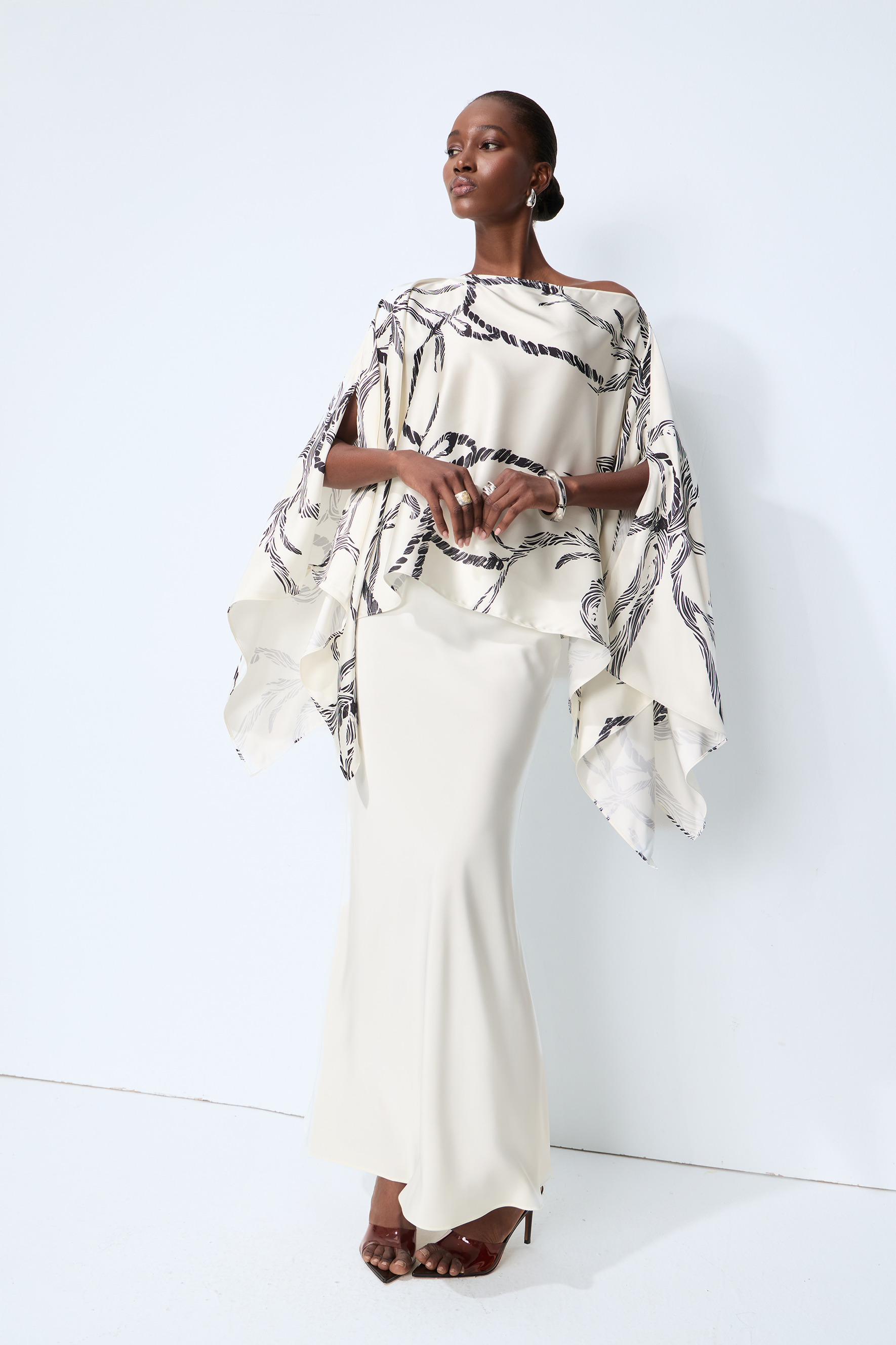 Made for Now White Abstract Print Cape Blouse & Skirt Set