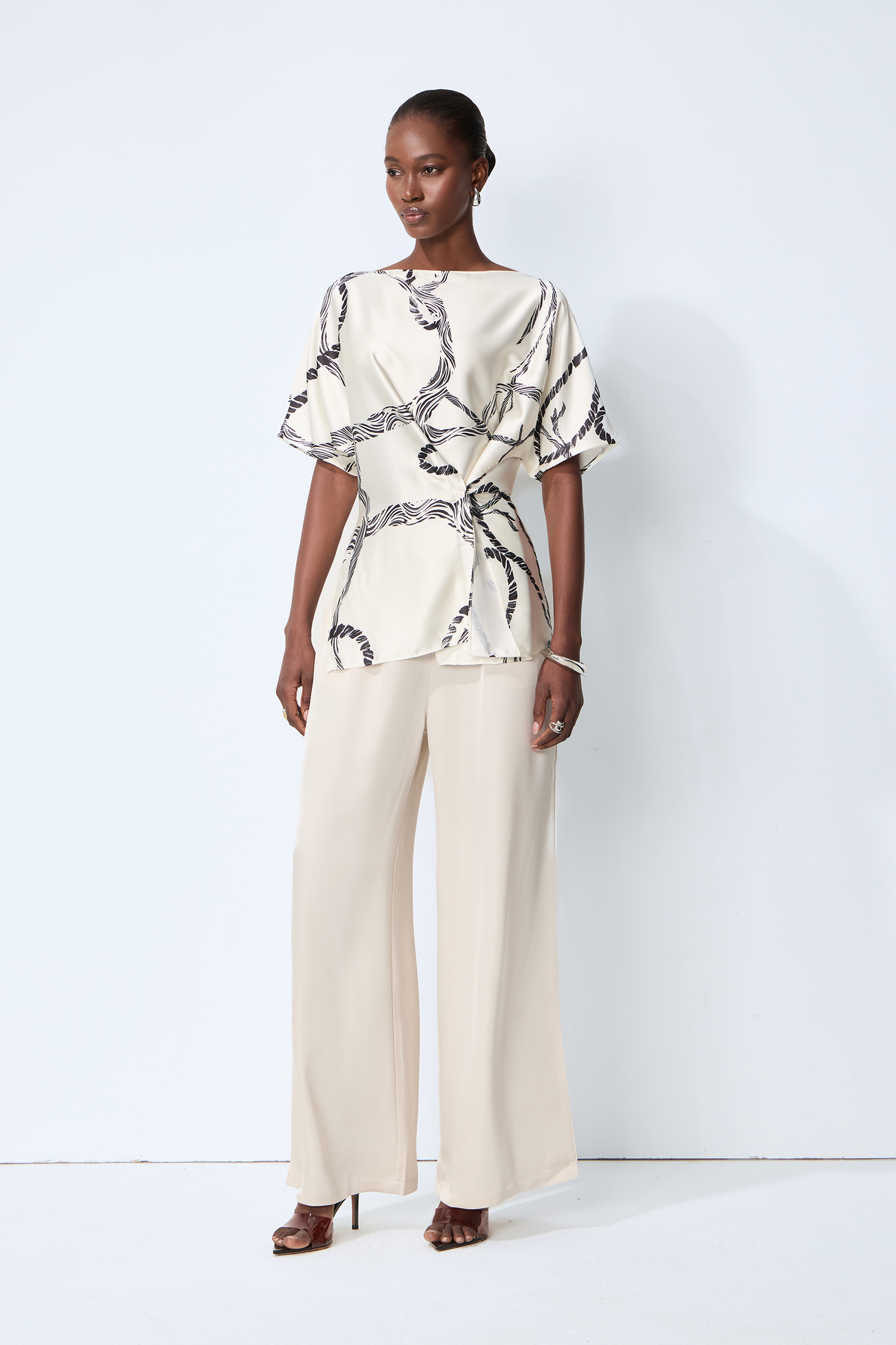 Easy Moment White Abstract Print Side-Knot Wrap Blouse