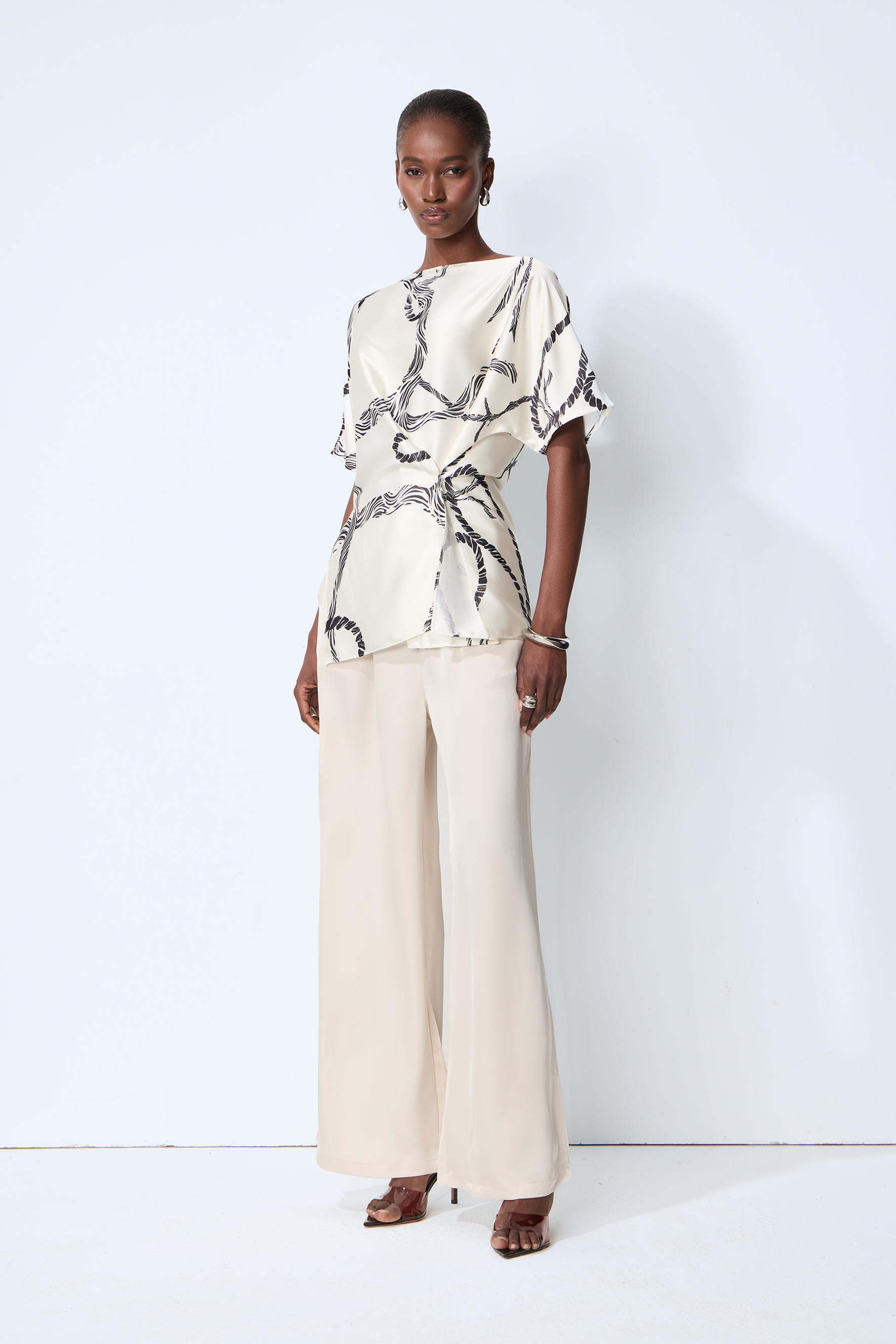 Easy Moment White Abstract Print Side-Knot Wrap Blouse