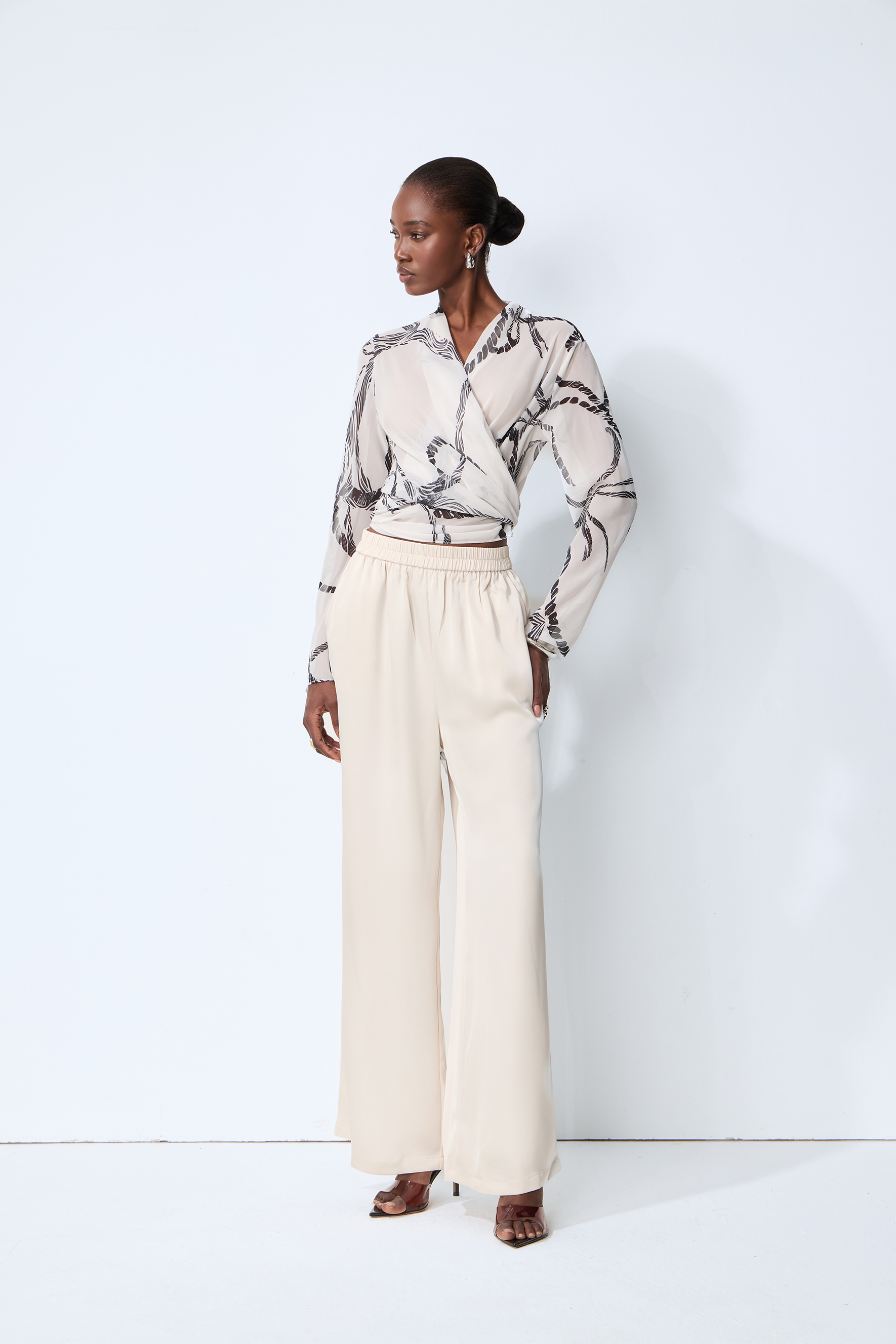 Fresh Mood White Abstract Print Wrap Blouse