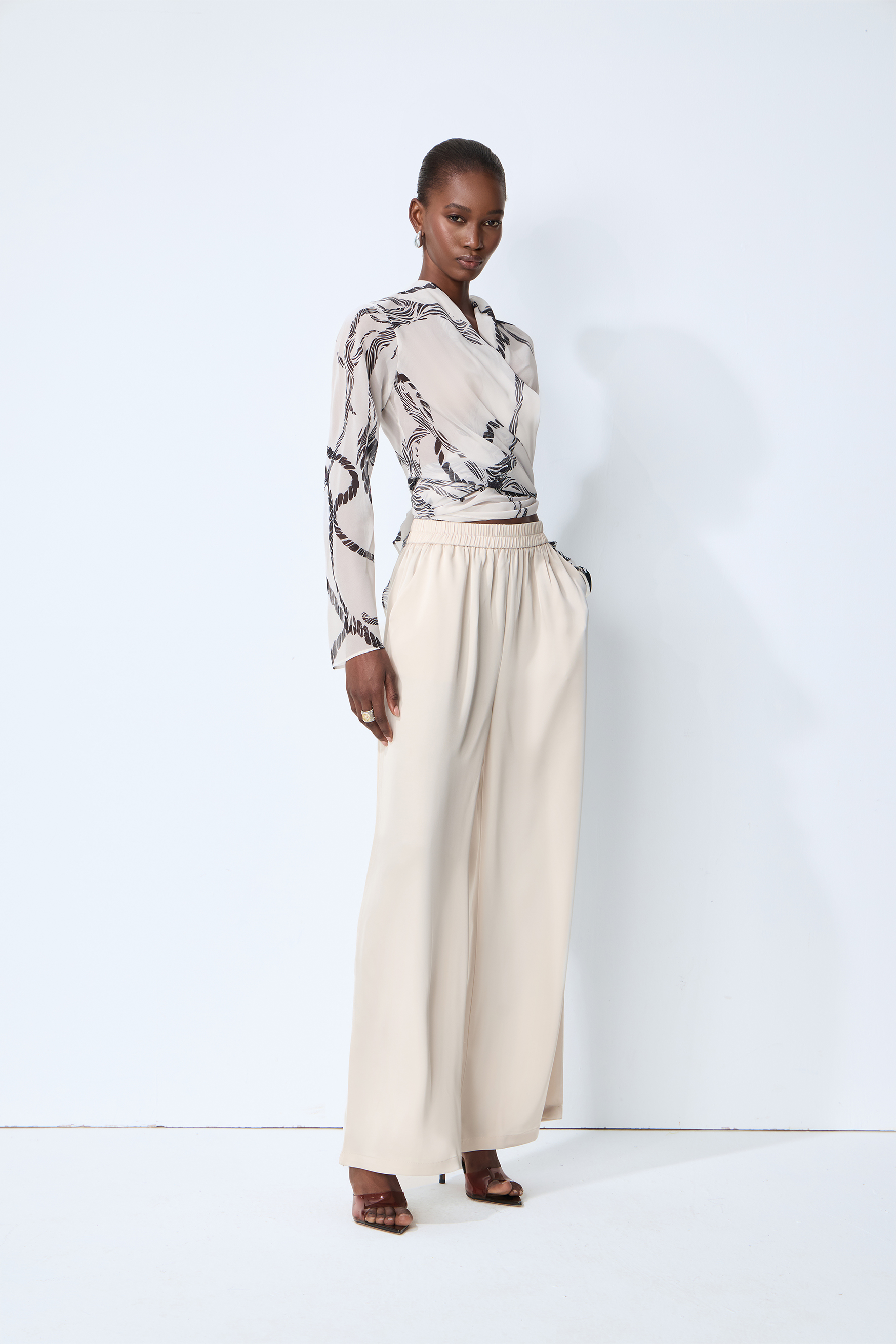 Fresh Mood White Abstract Print Wrap Blouse