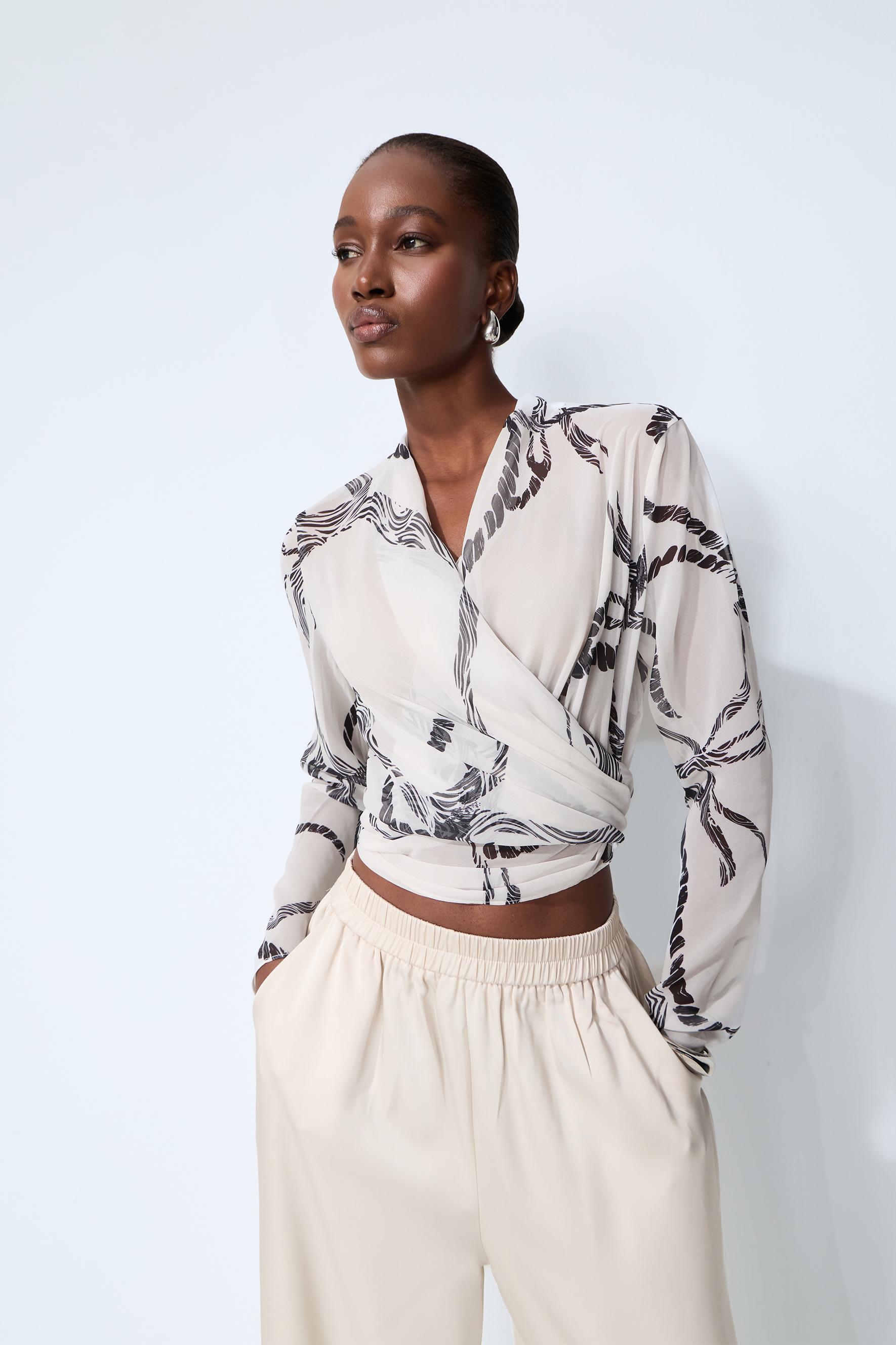 Fresh Mood White Abstract Print Wrap Blouse