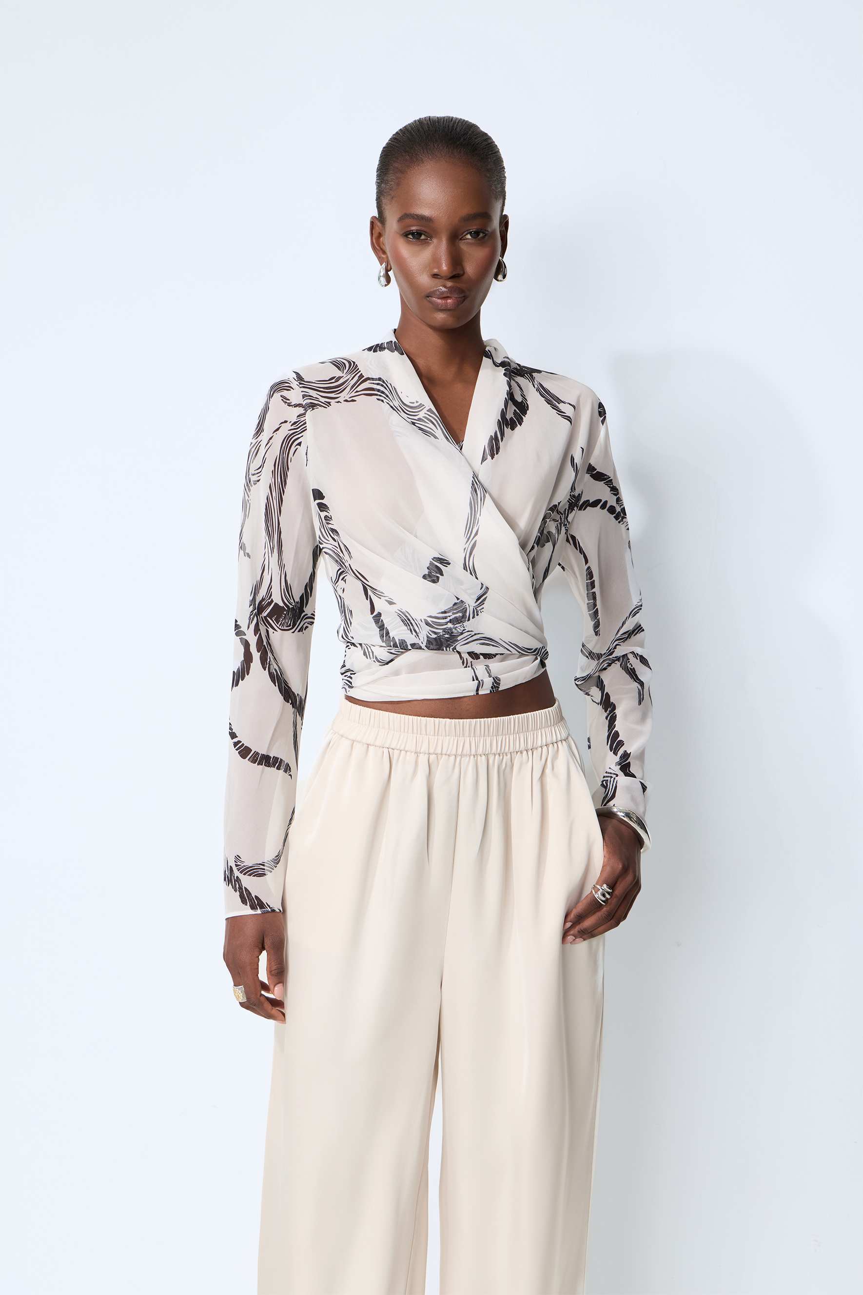 Fresh Mood White Abstract Print Wrap Blouse