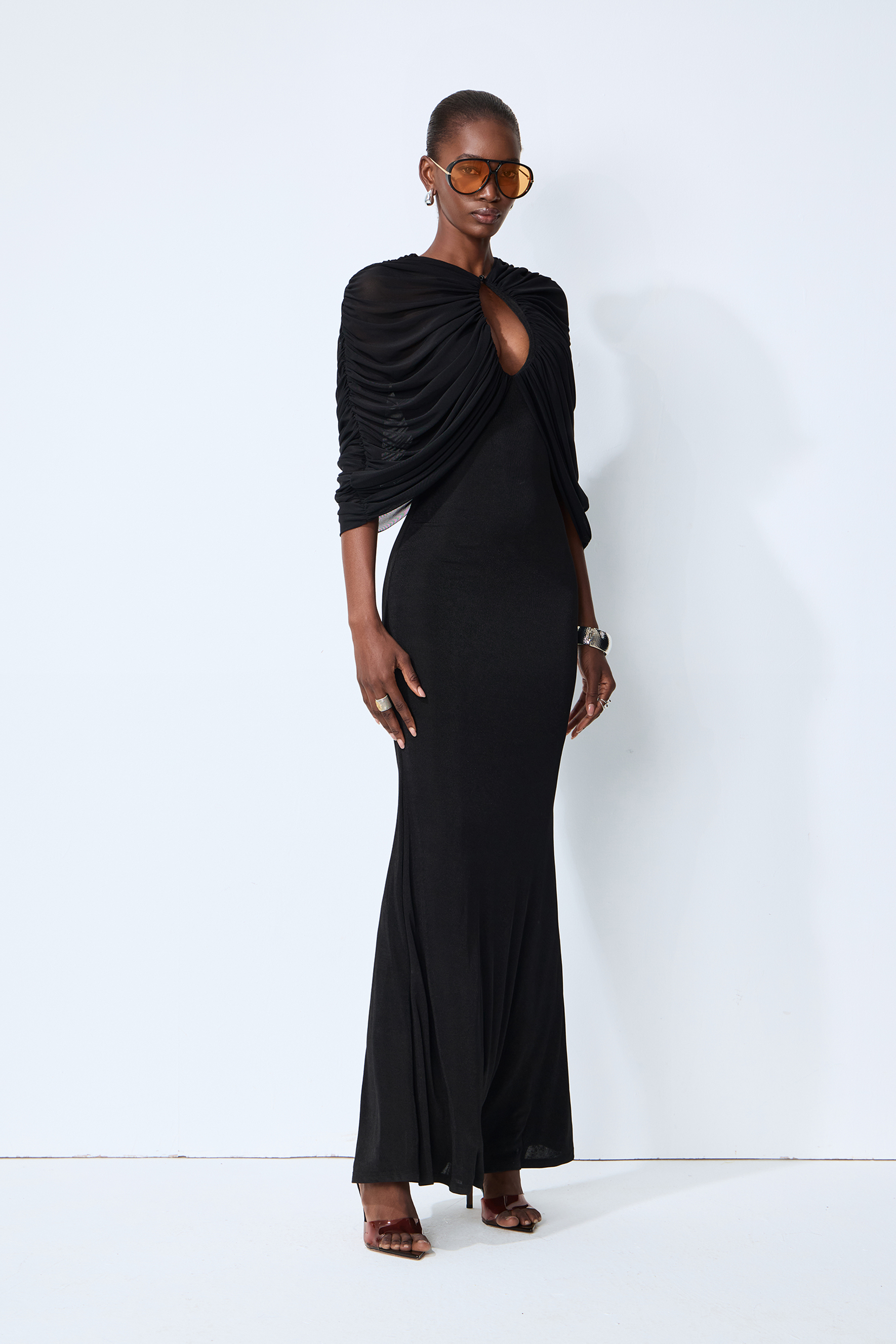 Modern Luxe Black Draped Keyhole Maxi Dress