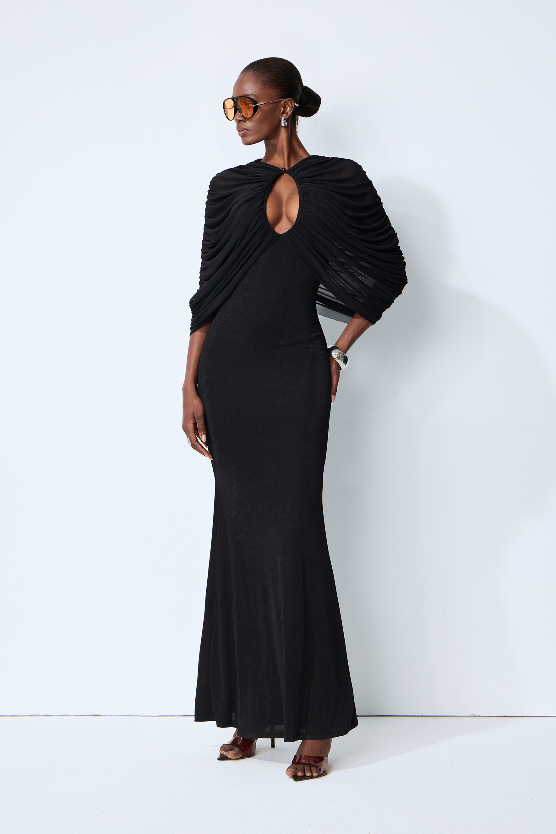 Modern Luxe Black Draped Keyhole Maxi Dress