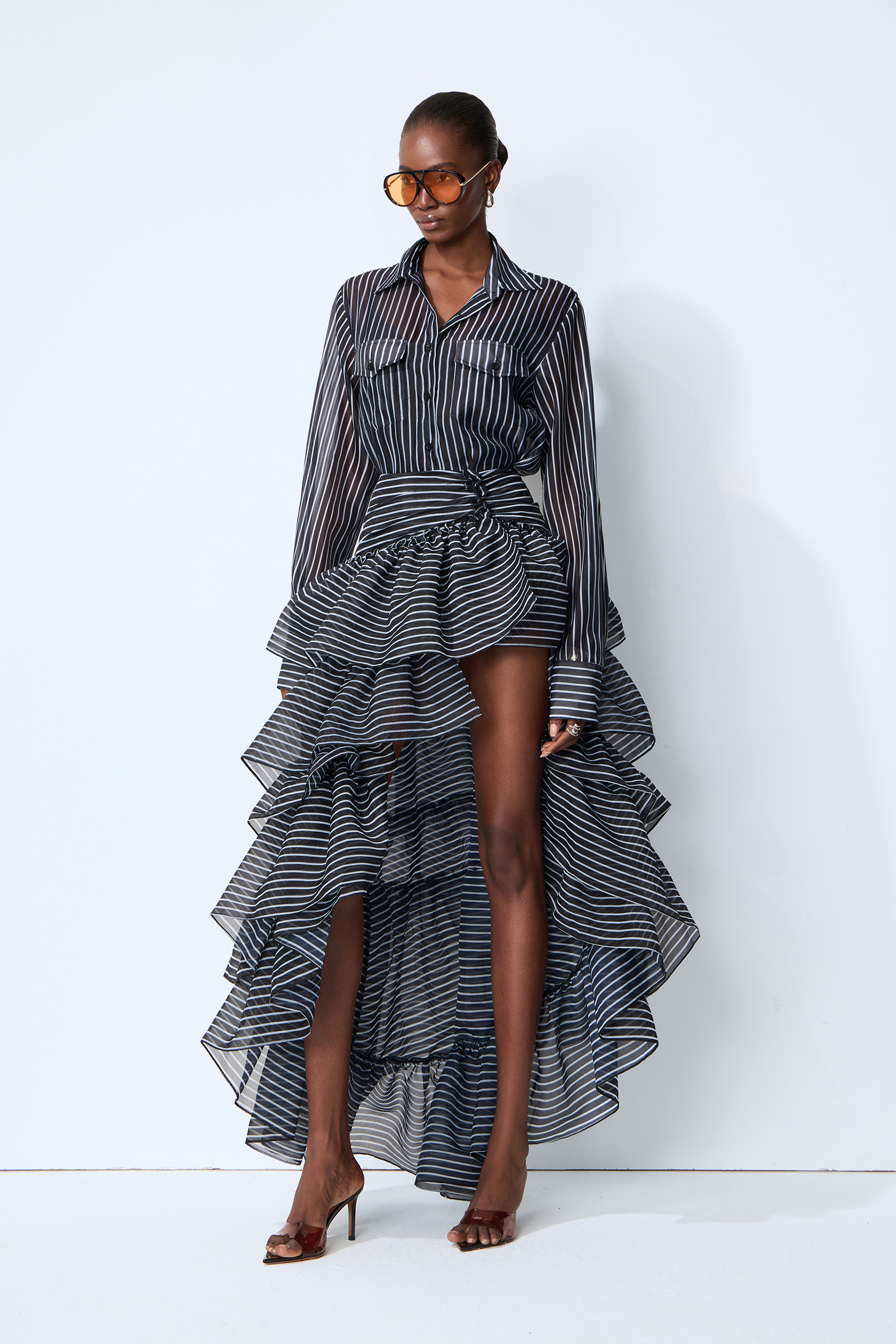 Effortless Style Black Striped Shirt & Tiered Skirt Set