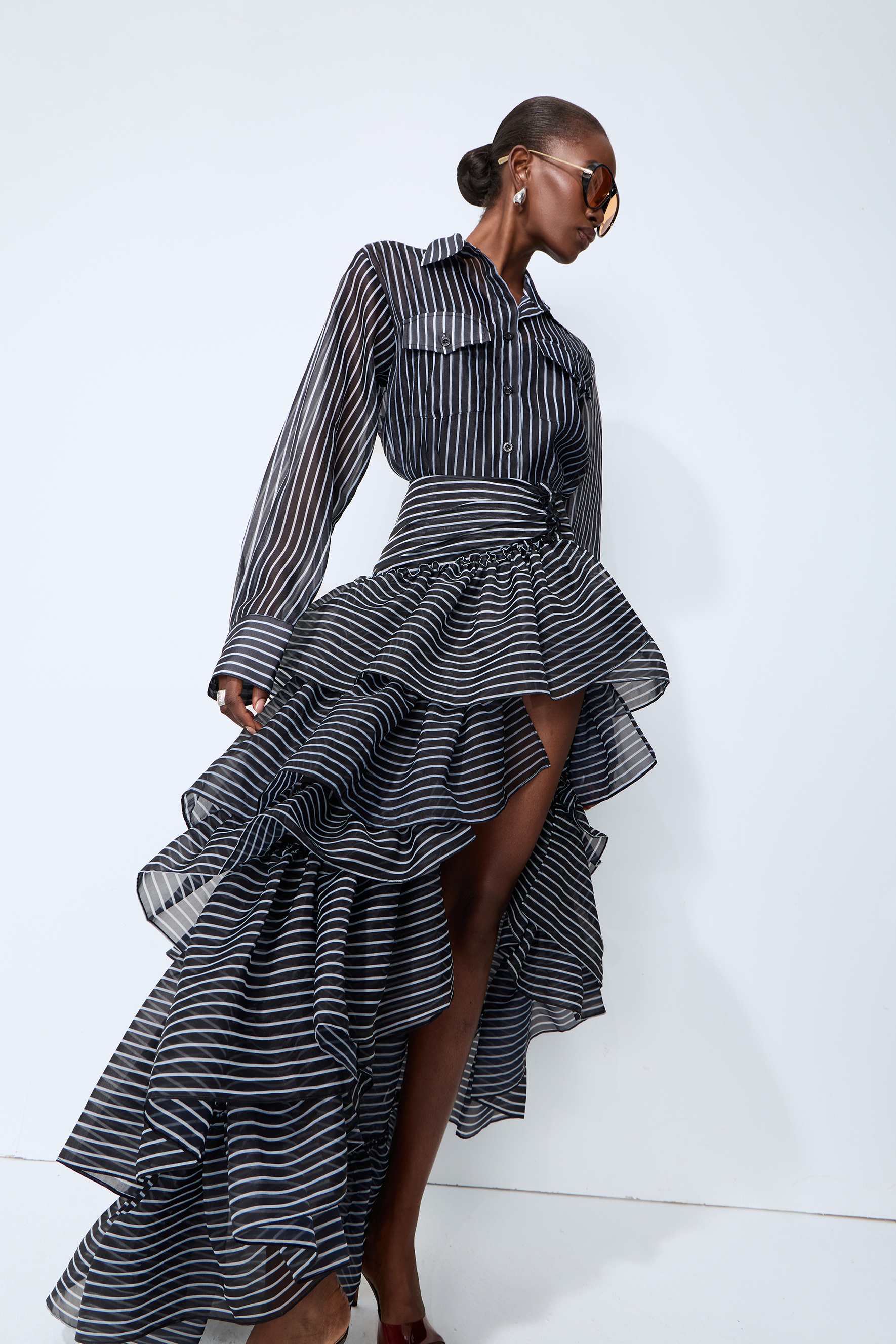 Effortless Style Black Striped Shirt & Tiered Skirt Set