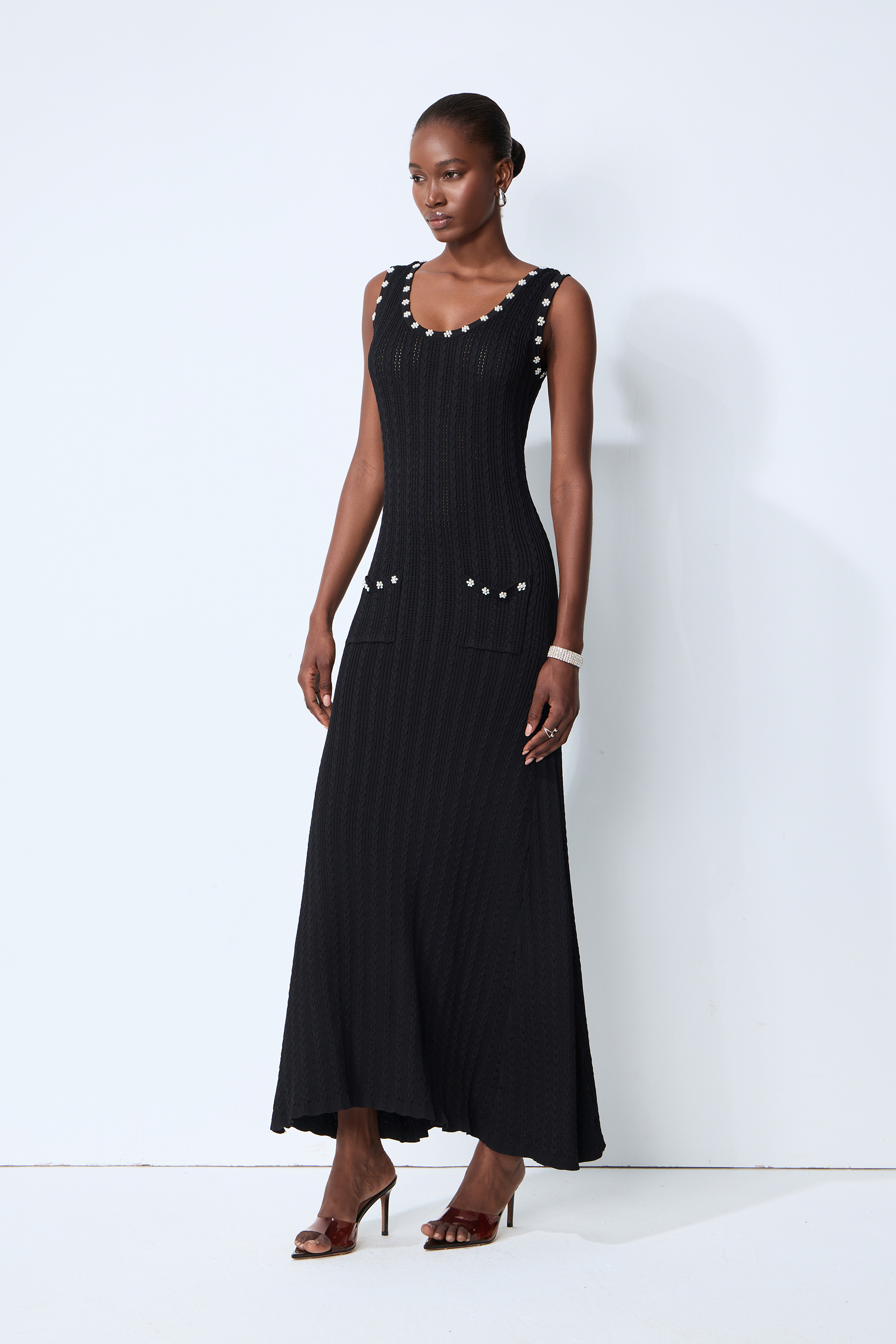 Timeless Attraction Black Sleeveless Pearl Trim Knit Maxi Dress