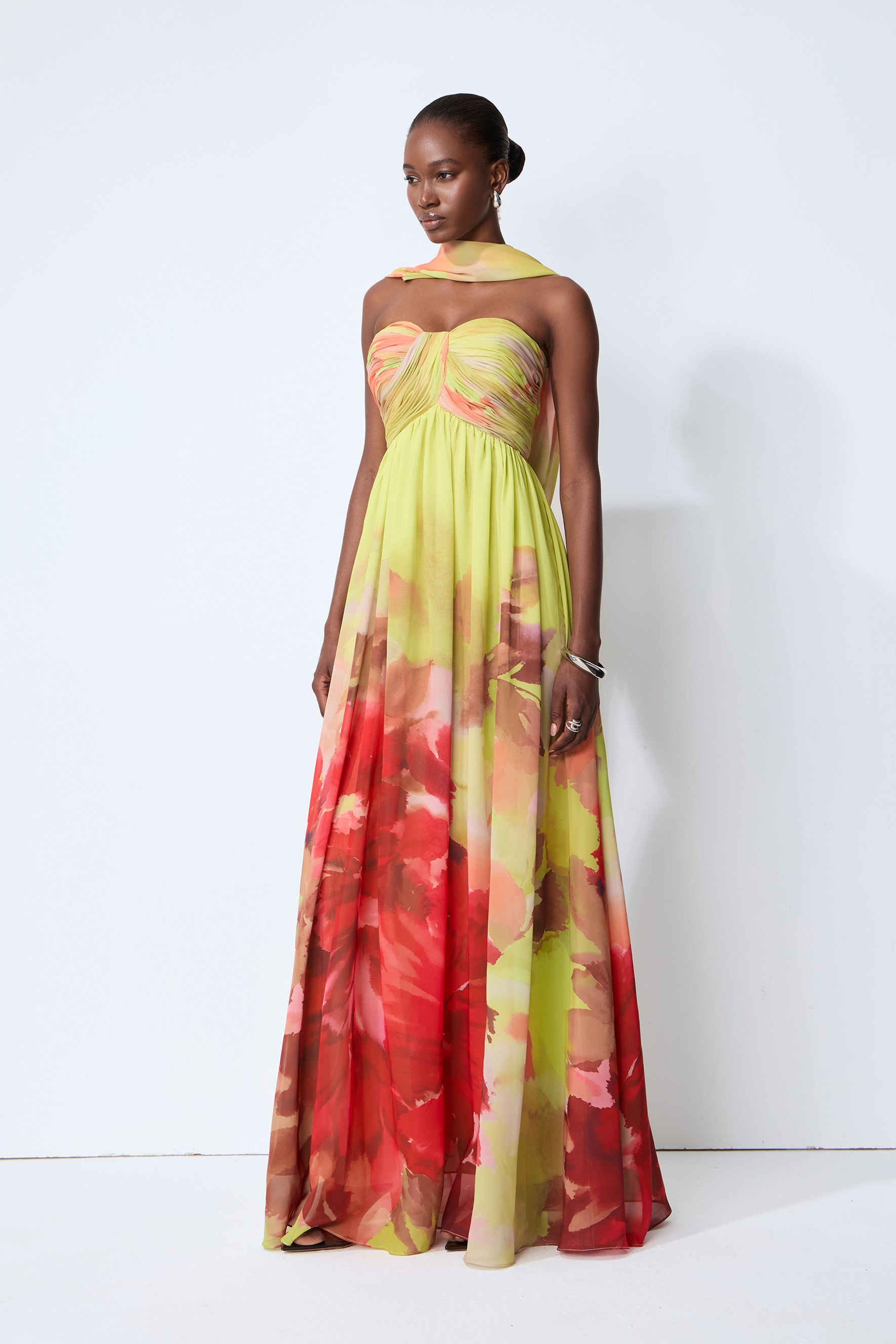 Truly Extraordinary Multi Floral Print Chiffon Maxi Dress with Scarf