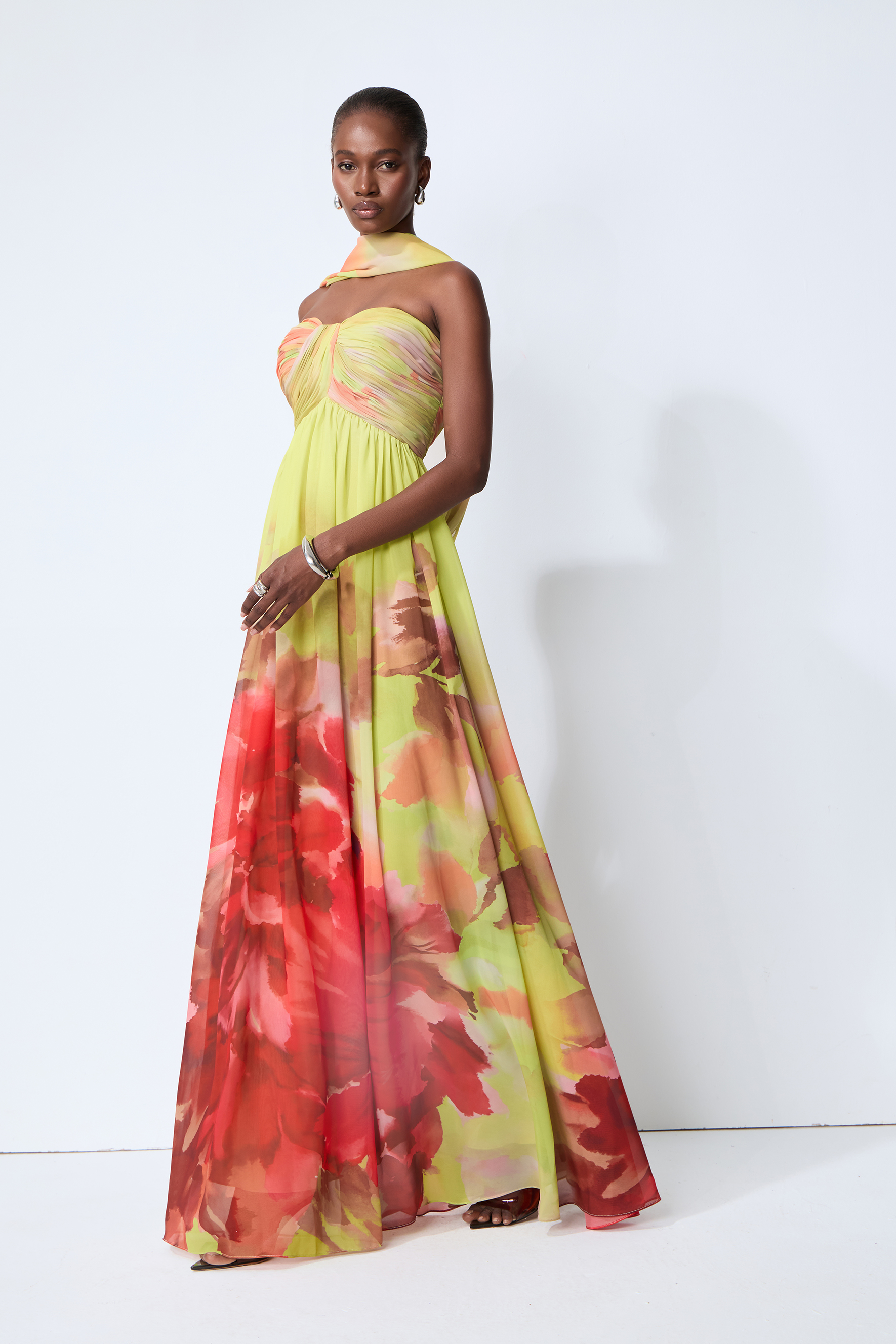 Truly Extraordinary Multi Floral Print Chiffon Maxi Dress with Scarf