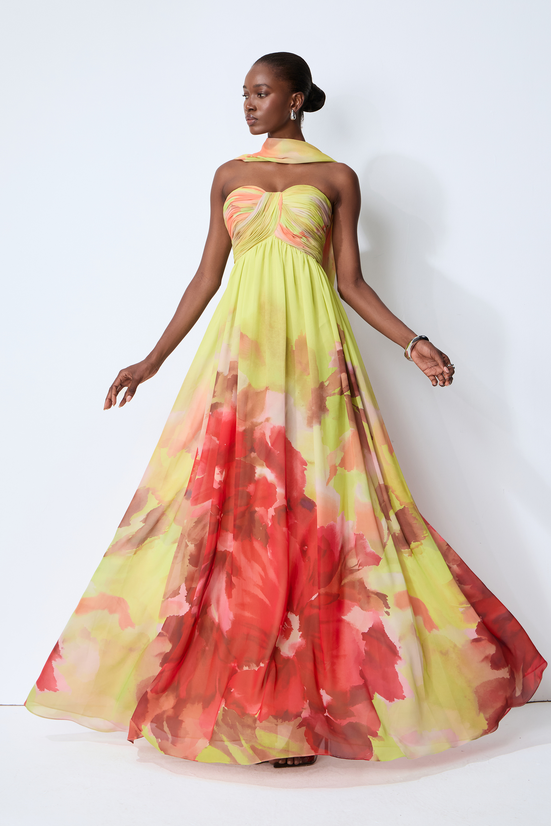 Truly Extraordinary Multi Floral Print Chiffon Maxi Dress with Scarf