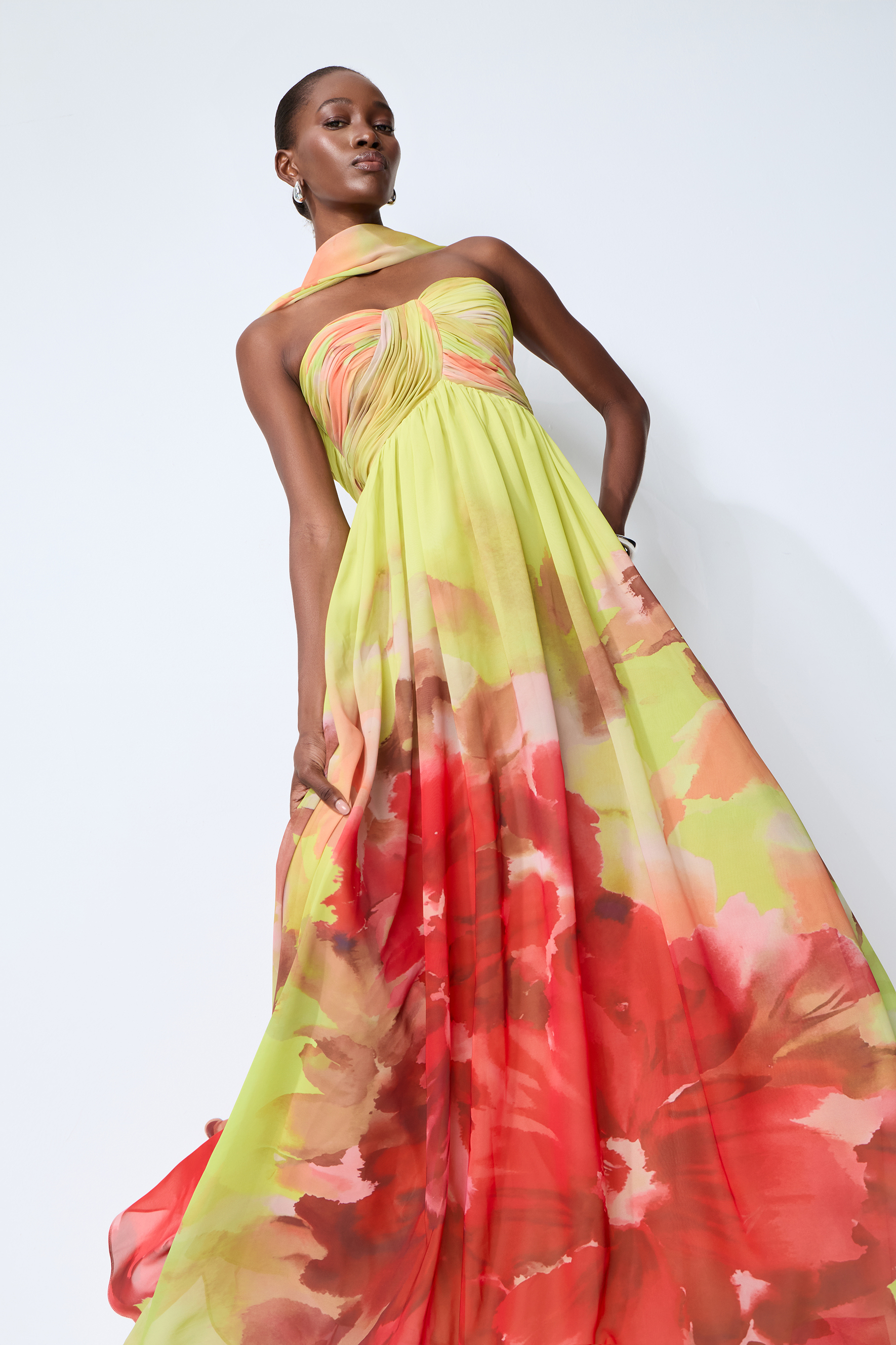 Truly Extraordinary Multi Floral Print Chiffon Maxi Dress with Scarf