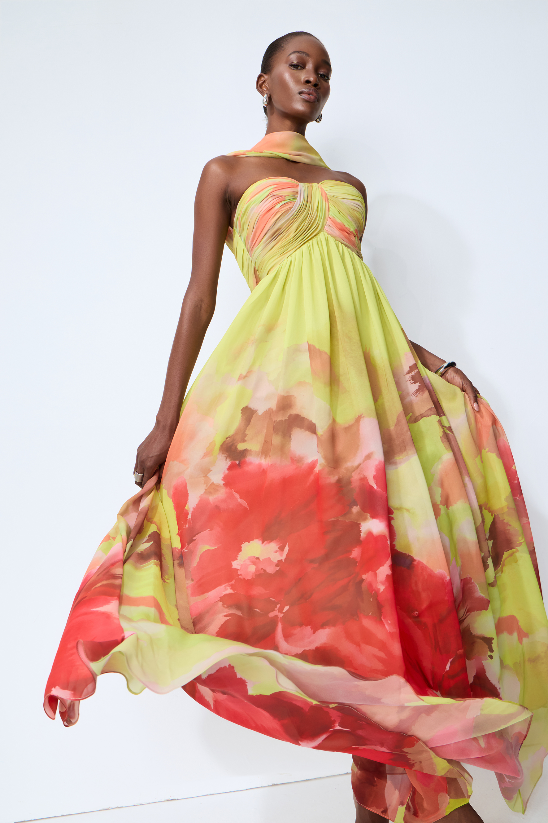 Truly Extraordinary Multi Floral Print Chiffon Maxi Dress with Scarf