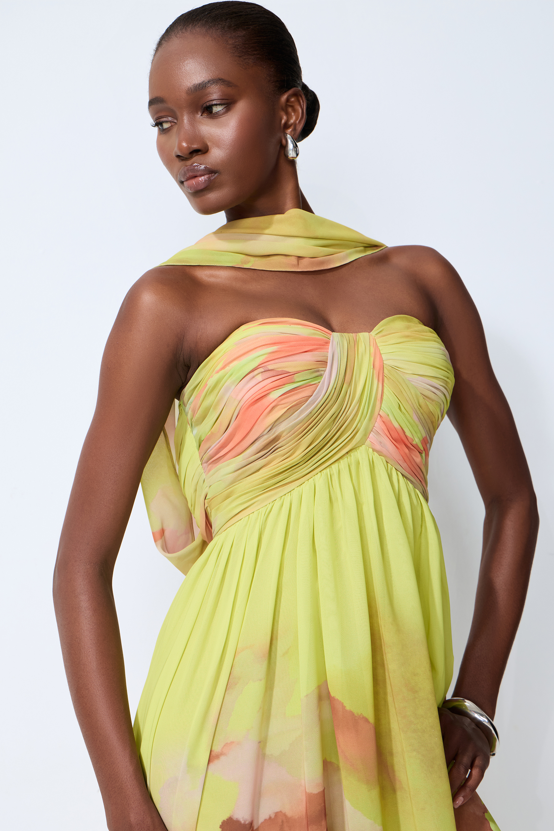 Truly Extraordinary Multi Floral Print Chiffon Maxi Dress with Scarf