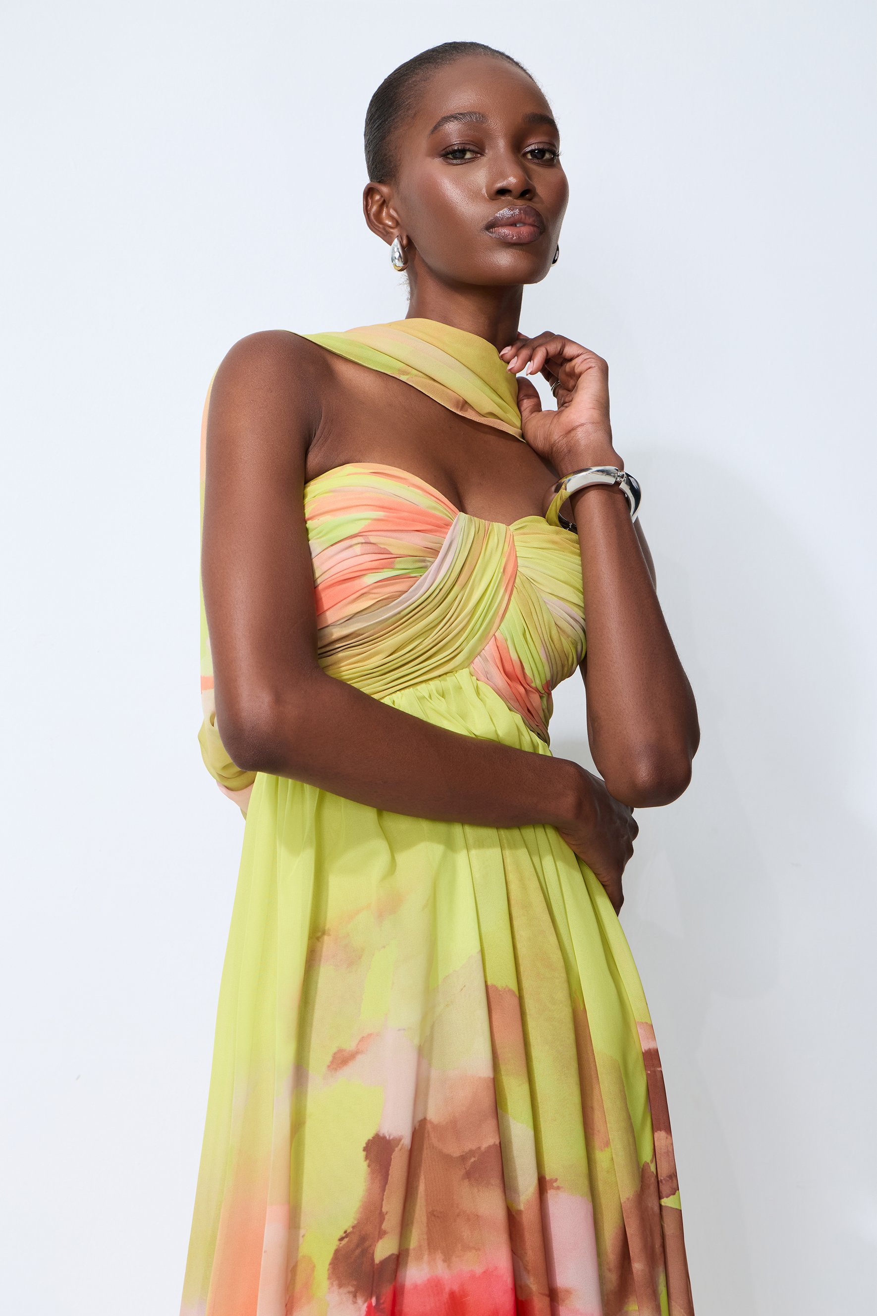 Truly Extraordinary Multi Floral Print Chiffon Maxi Dress with Scarf